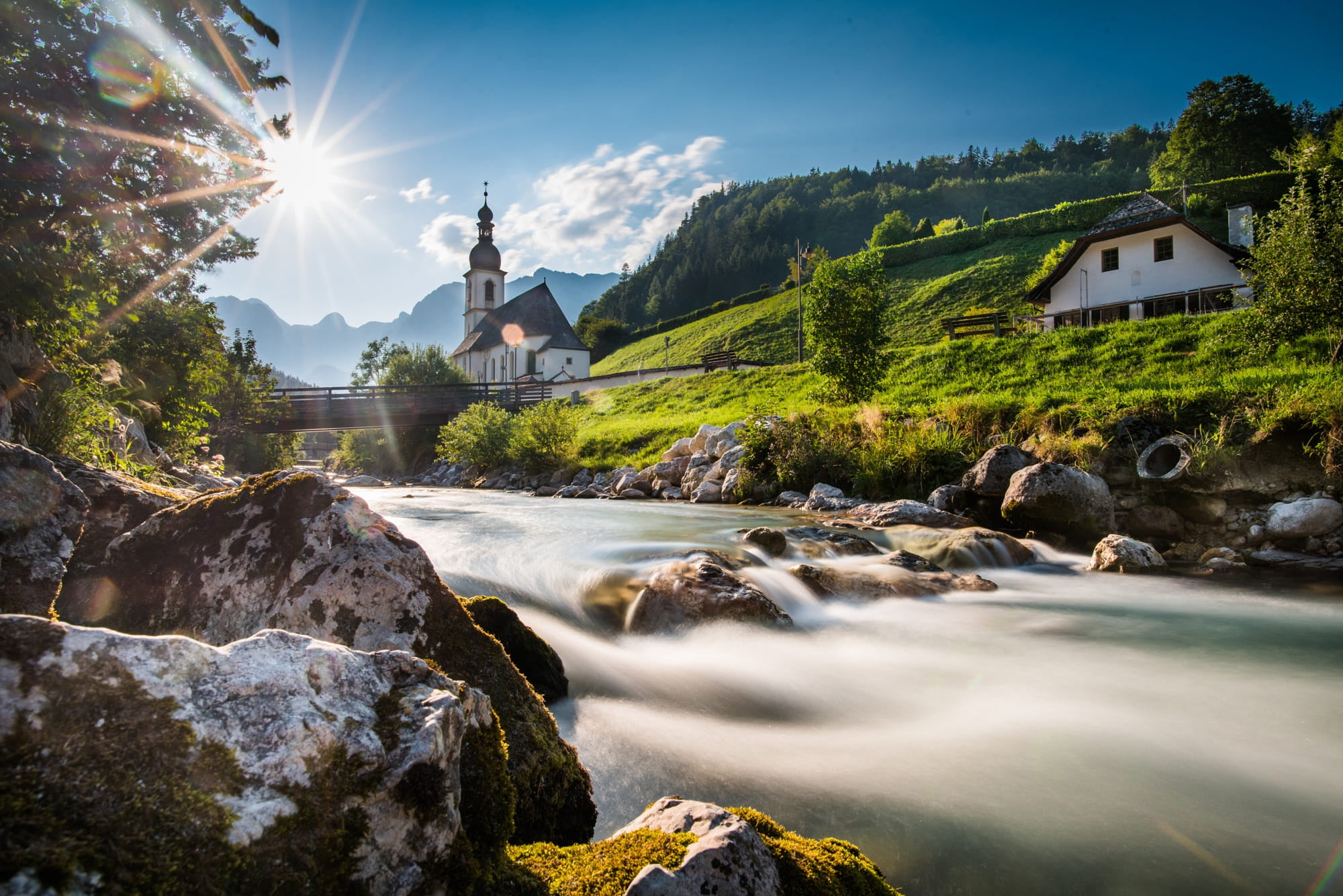 Germany, 1080P, stones, Bavarian Alps, river, St Sebastian Church, Ramsau, Bayern, the Ramsauer ache river Axe, bridge, The Bavarian Alps, Church, Bavaria, HD Wallpaper