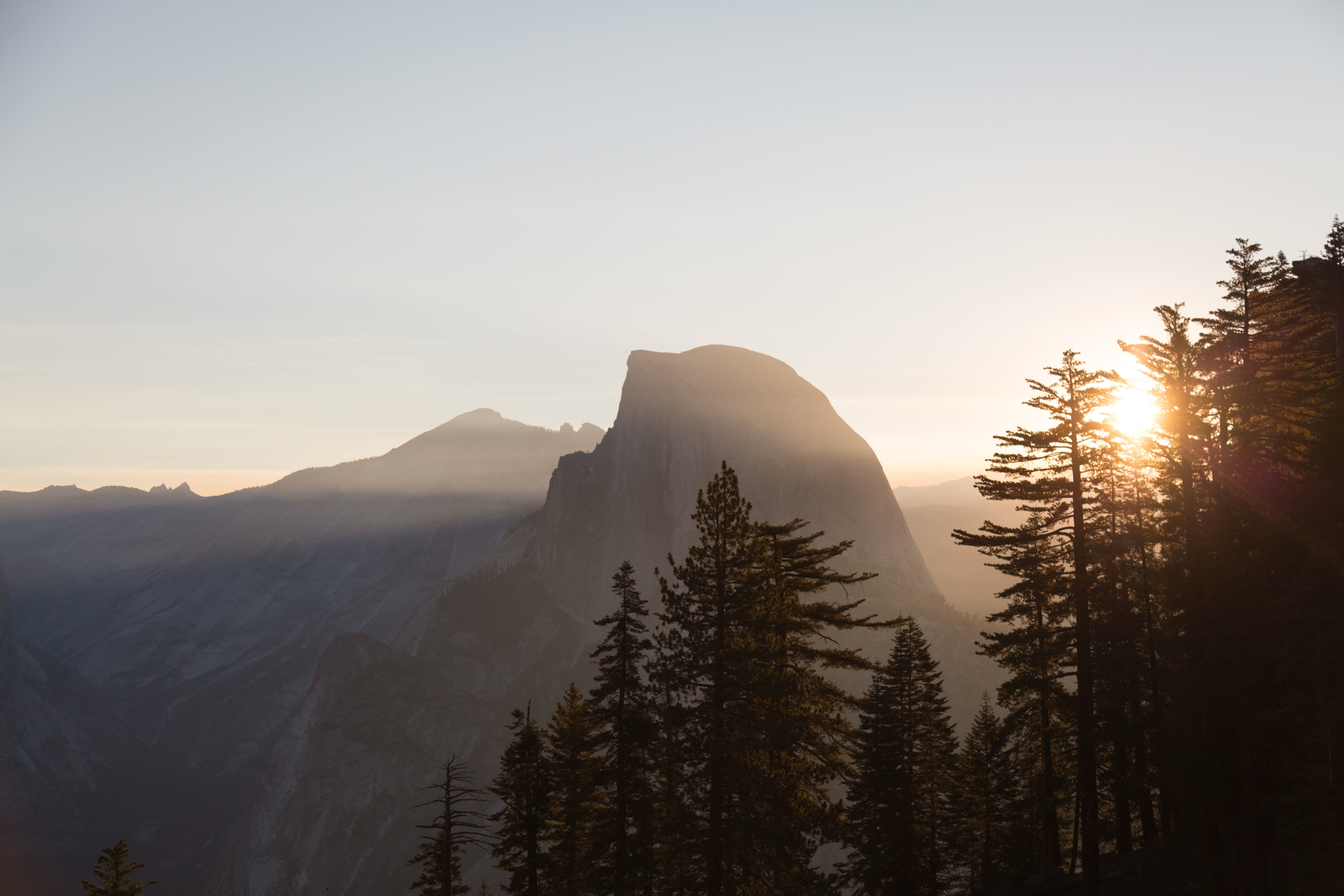 tranquility, 5K, outdoors, rock, tranquil scene, half dome, california, silhouette, pine tree, scenic, mountain, trees, pine, scenics - nature, mountain range, HD Wallpaper