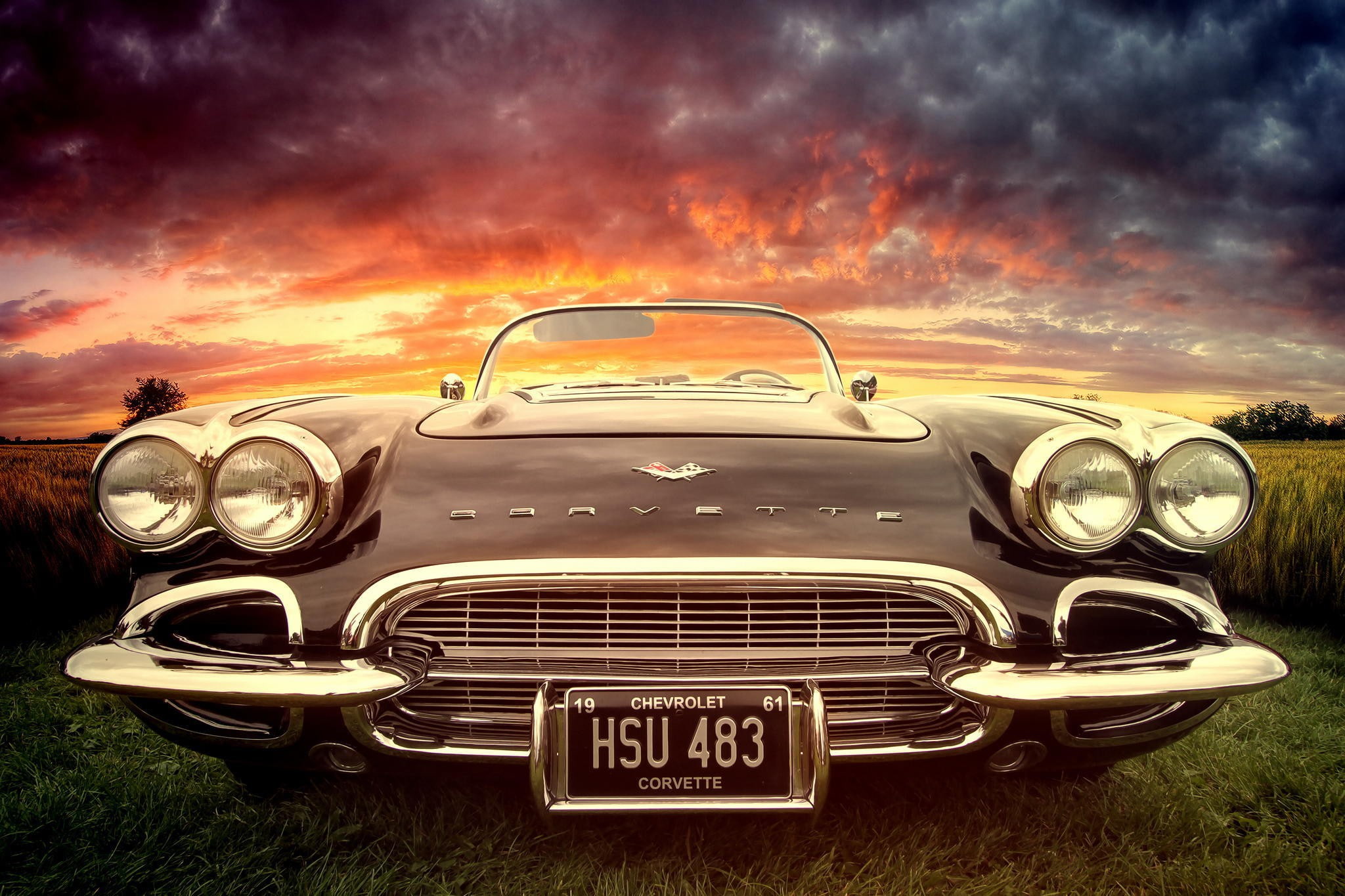 1080P, chrevrolet, Classic, Corvette, a sunset, chevrolet, chrome, a car, a rarity, car, HD Wallpaper