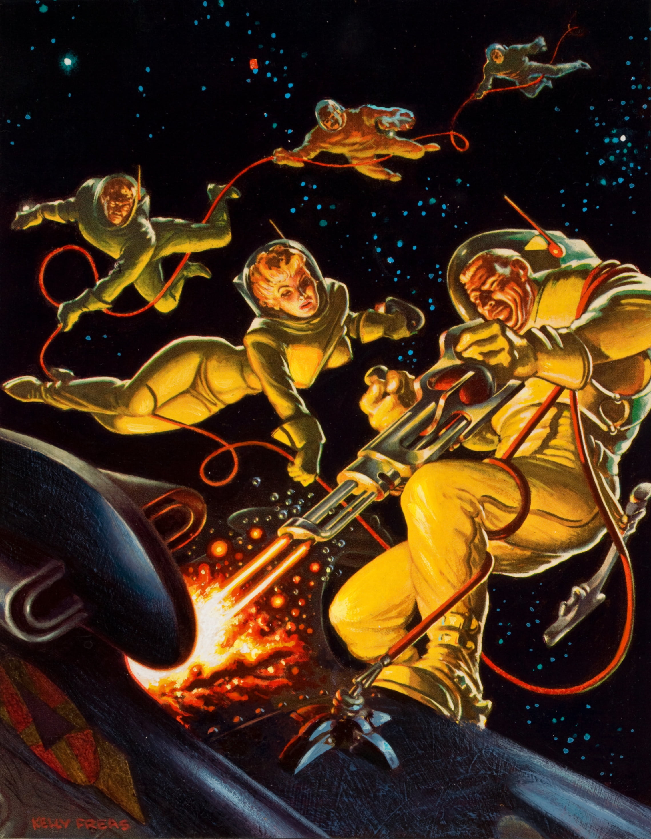 women, spaceship, Planet Stories Magazine, Pulp Magazine, Frank Kelly Freas, spacesuit, stars, helmet, 2K, lazer, Phone HD Wallpaper