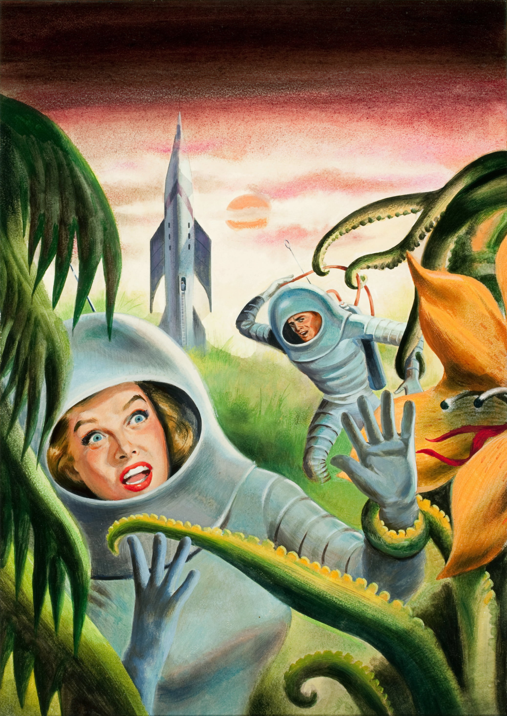 creature, Carnivorous Plant, women, tentacles, Pulp Magazine, spacesuit, helmet, 2K, Rocket Ship, Phone HD Wallpaper
