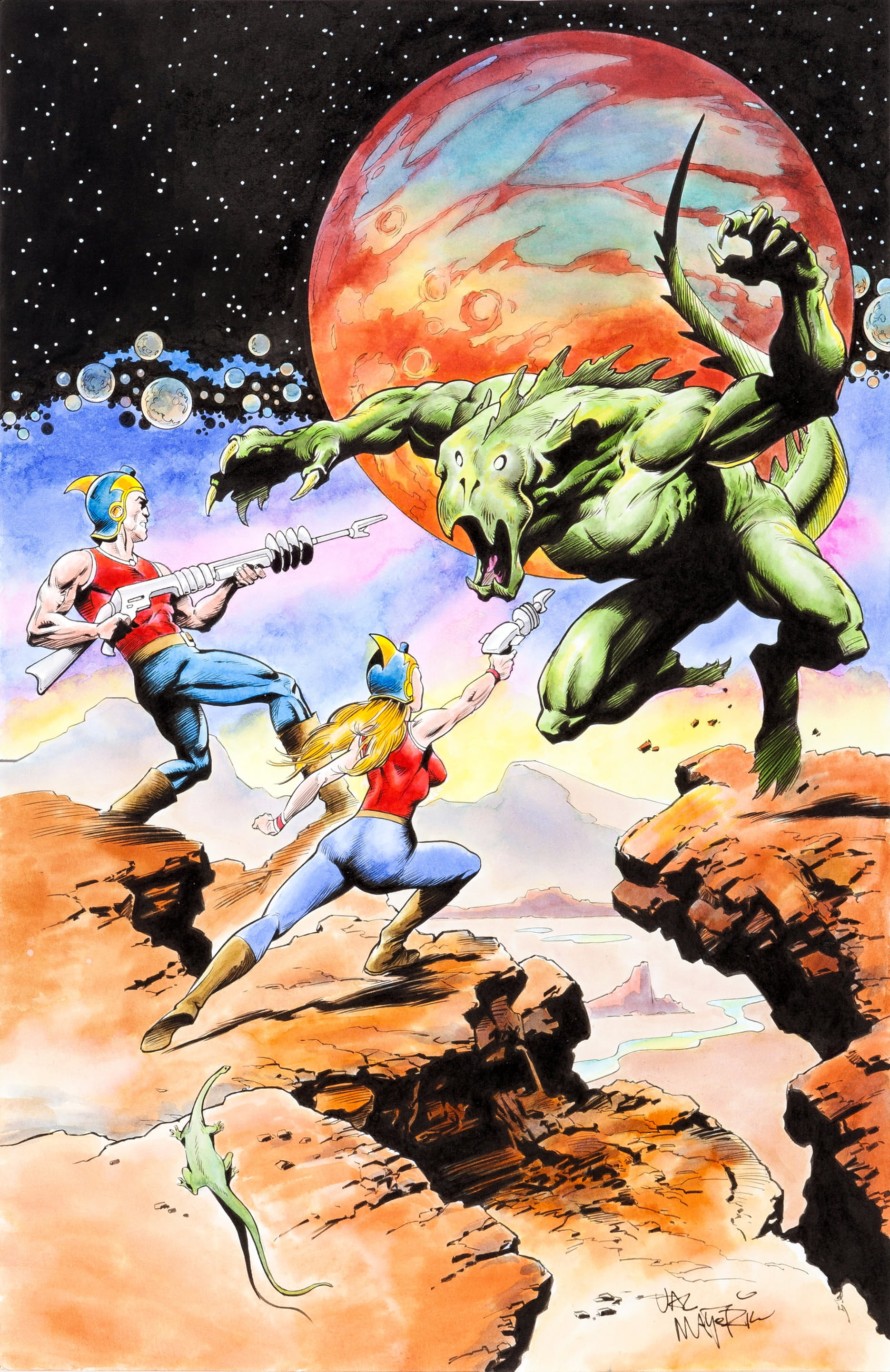 stars, creature, planet, Lazer Pistol, Pulp Magazine, Lazer Rifle, Flash Gordon, 2K, science fiction, Val Mayerik, painting, women, Phone HD Wallpaper