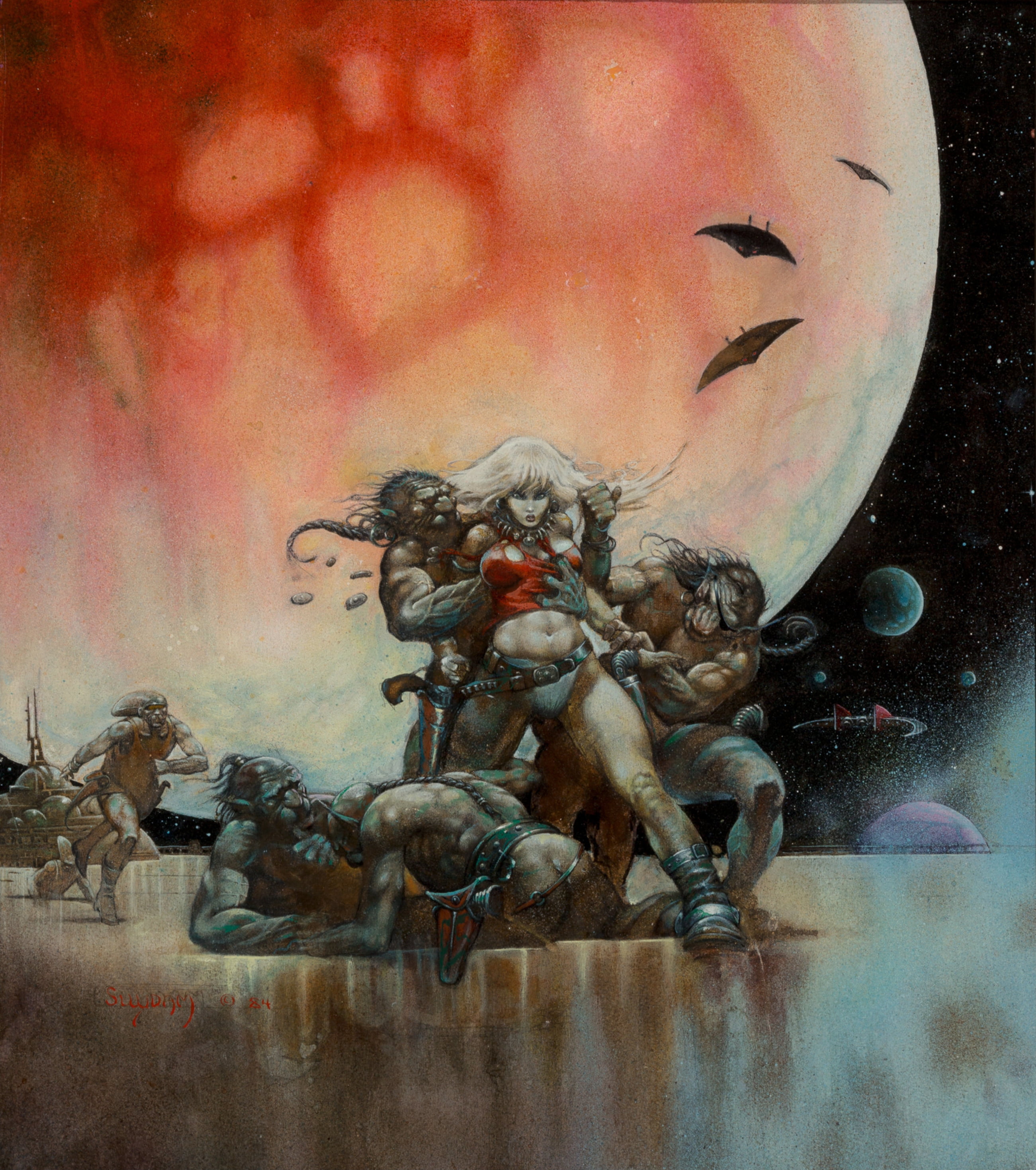 2K, planet, torn clothes, Arthur Suydam, stars, Pulp Magazine, women, spaceship, city, creature, Captive, Phone HD Wallpaper