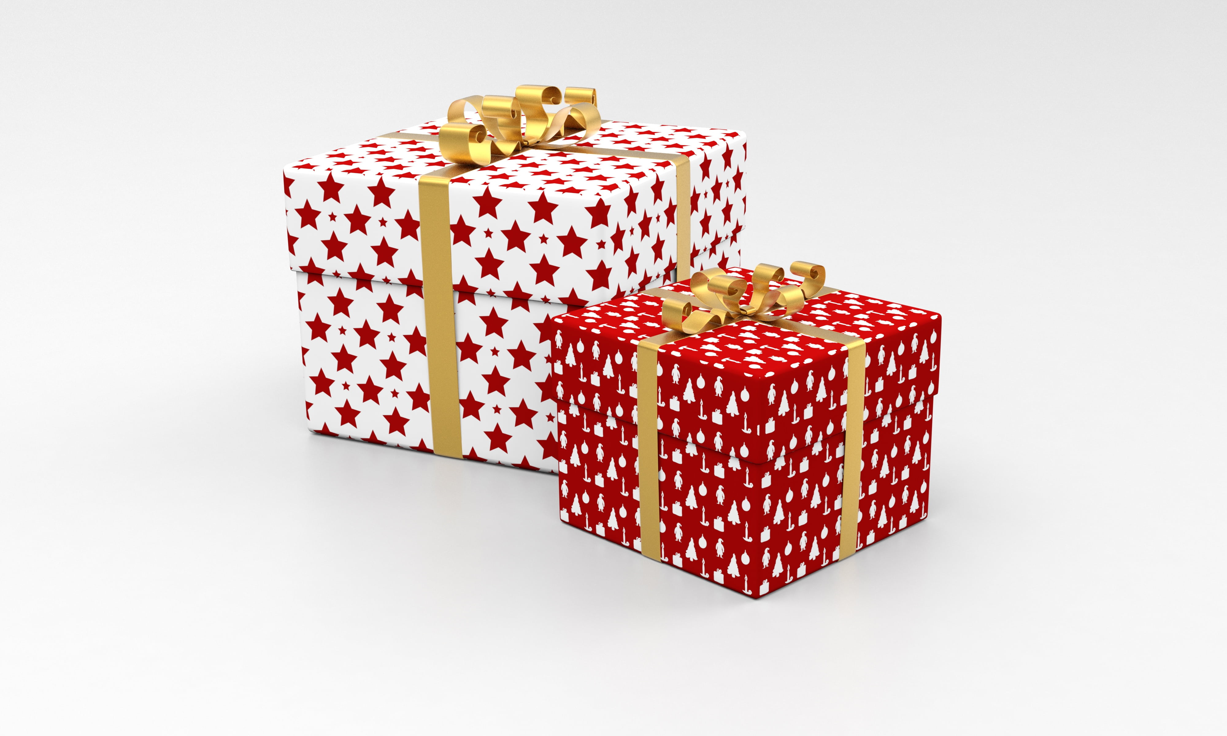 santa, box, giftbox, golden, what, container, ribbon, decorative, 4K, happy, large group of objects, question, cut out, new, symbol, waiting, boxes, white background, HD Wallpaper
