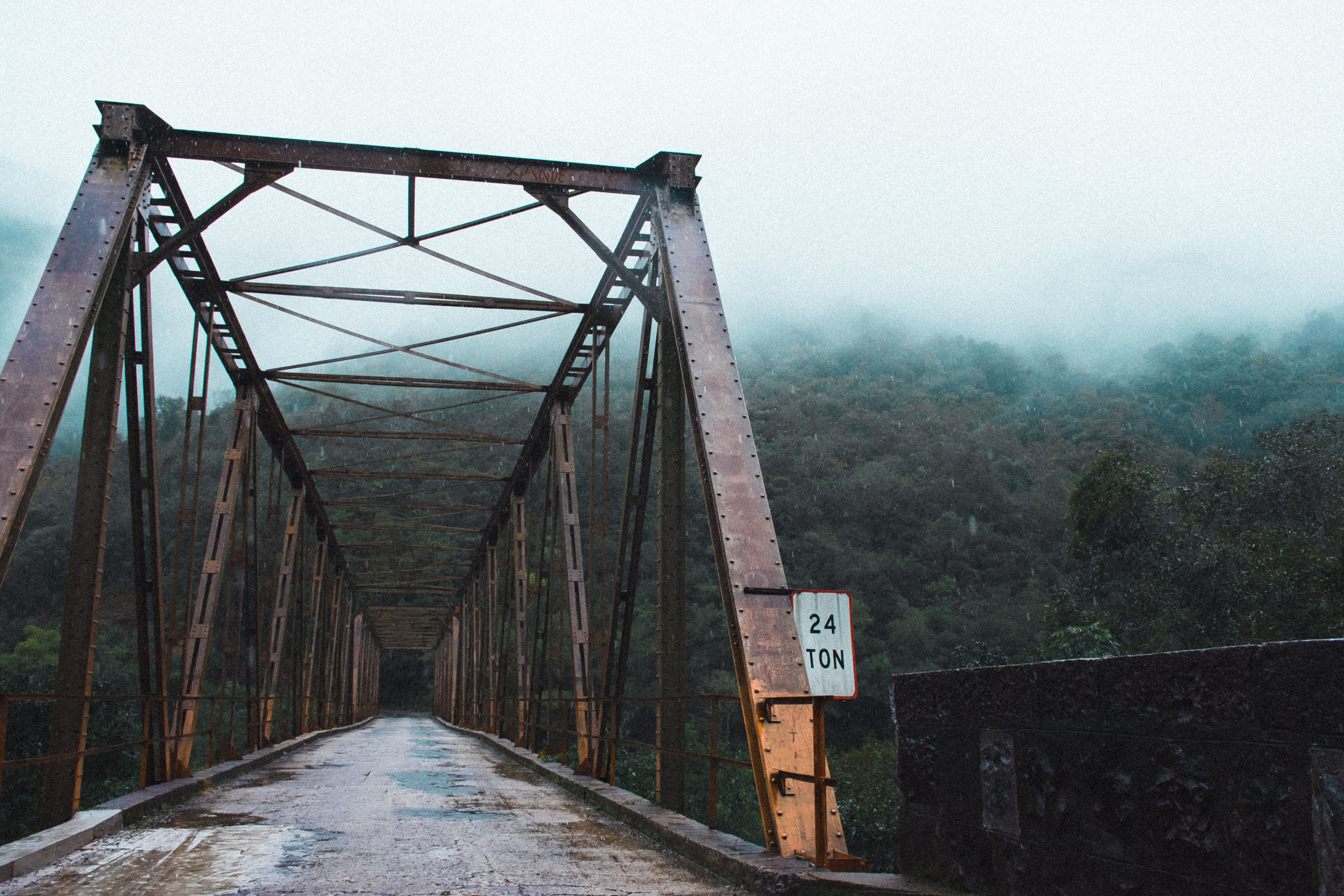 moody, metal, ton, covered, forest, nature, rust, sky, 5K, structure, direction, plant, bridge - man made structure, rainy, near, tunnel, puddle, architecture, HD Wallpaper