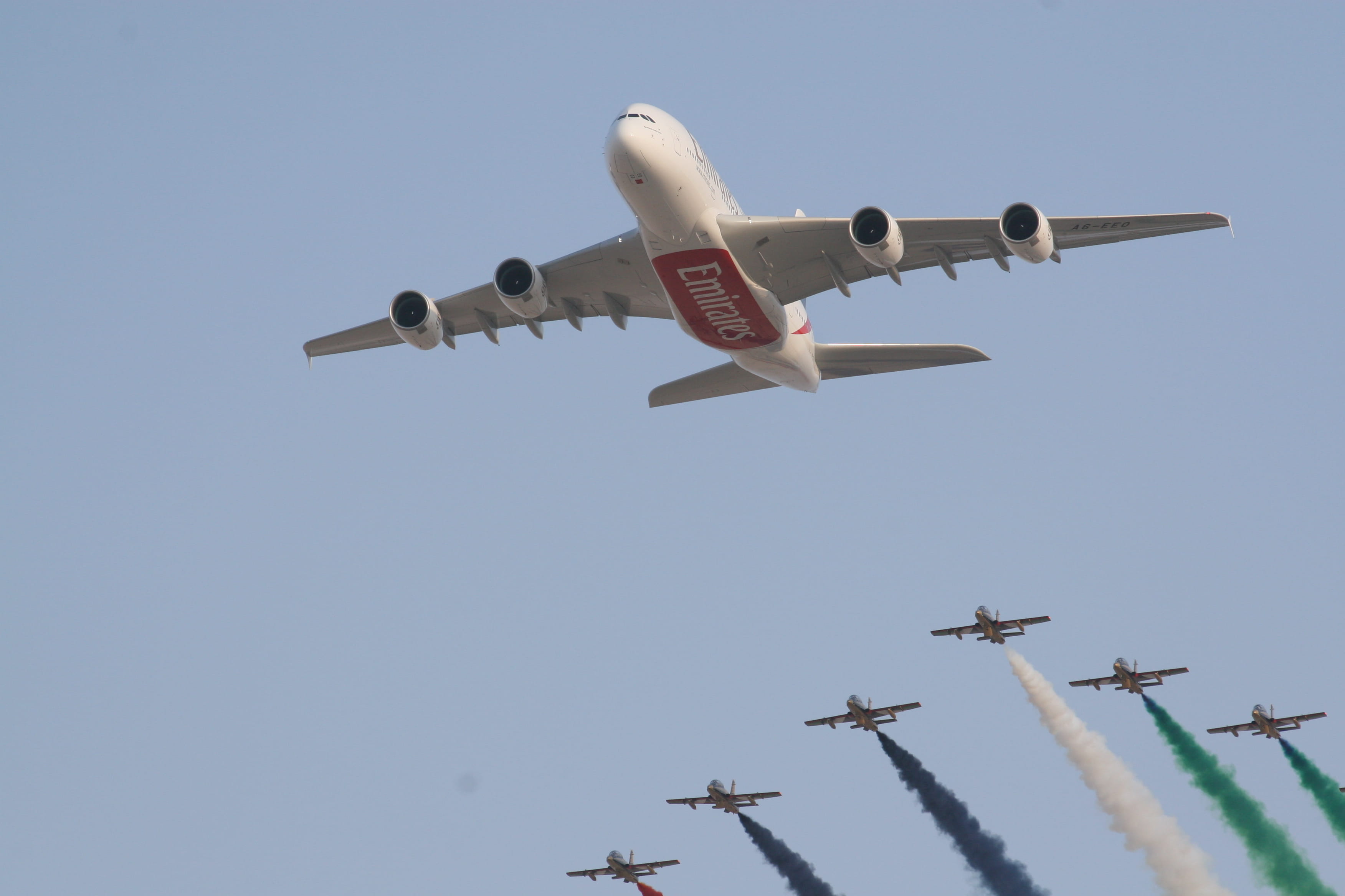 no people, a-380, united arab emirates, transportation, blue, 2K, military, mid-air, directly below, plane, low angle view, airplane, dubai, emirates airline, HD Wallpaper