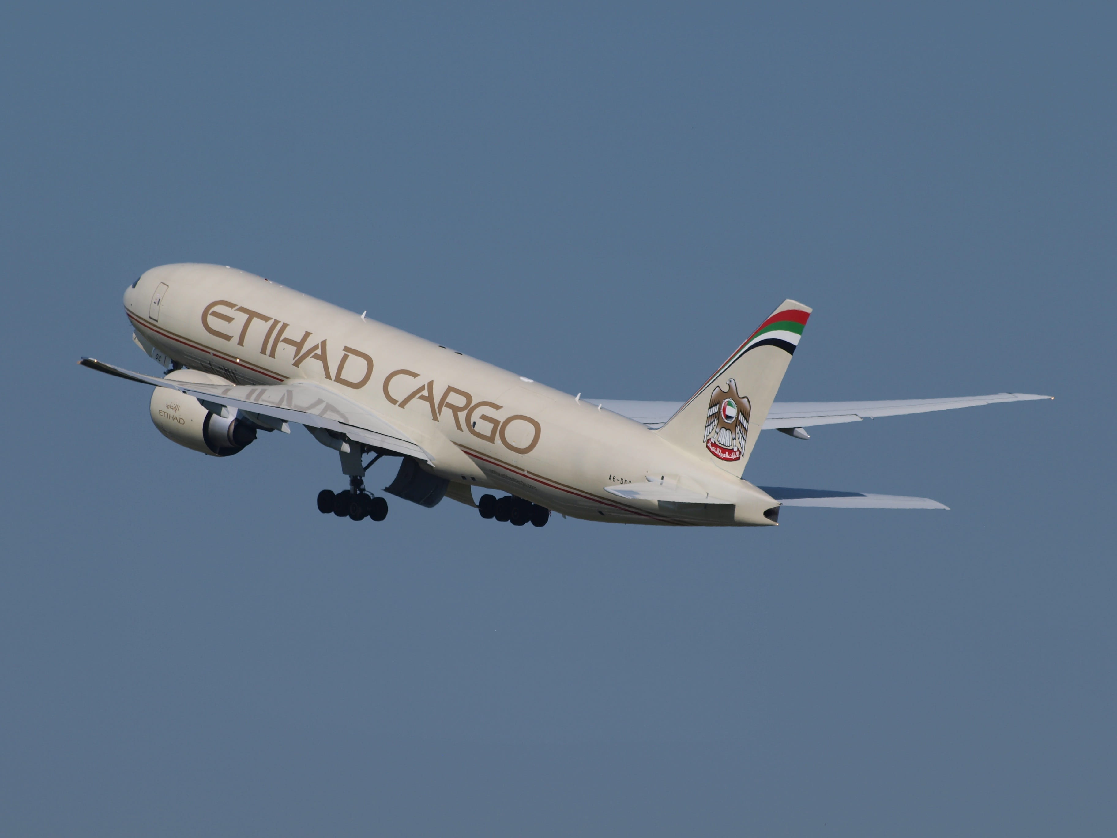 single object, side view, photo, Cargo, flying, Etihad Airways, commercial Airplane, 2K, white, on the move, mode of transportation, outdoors, government, HD Wallpaper