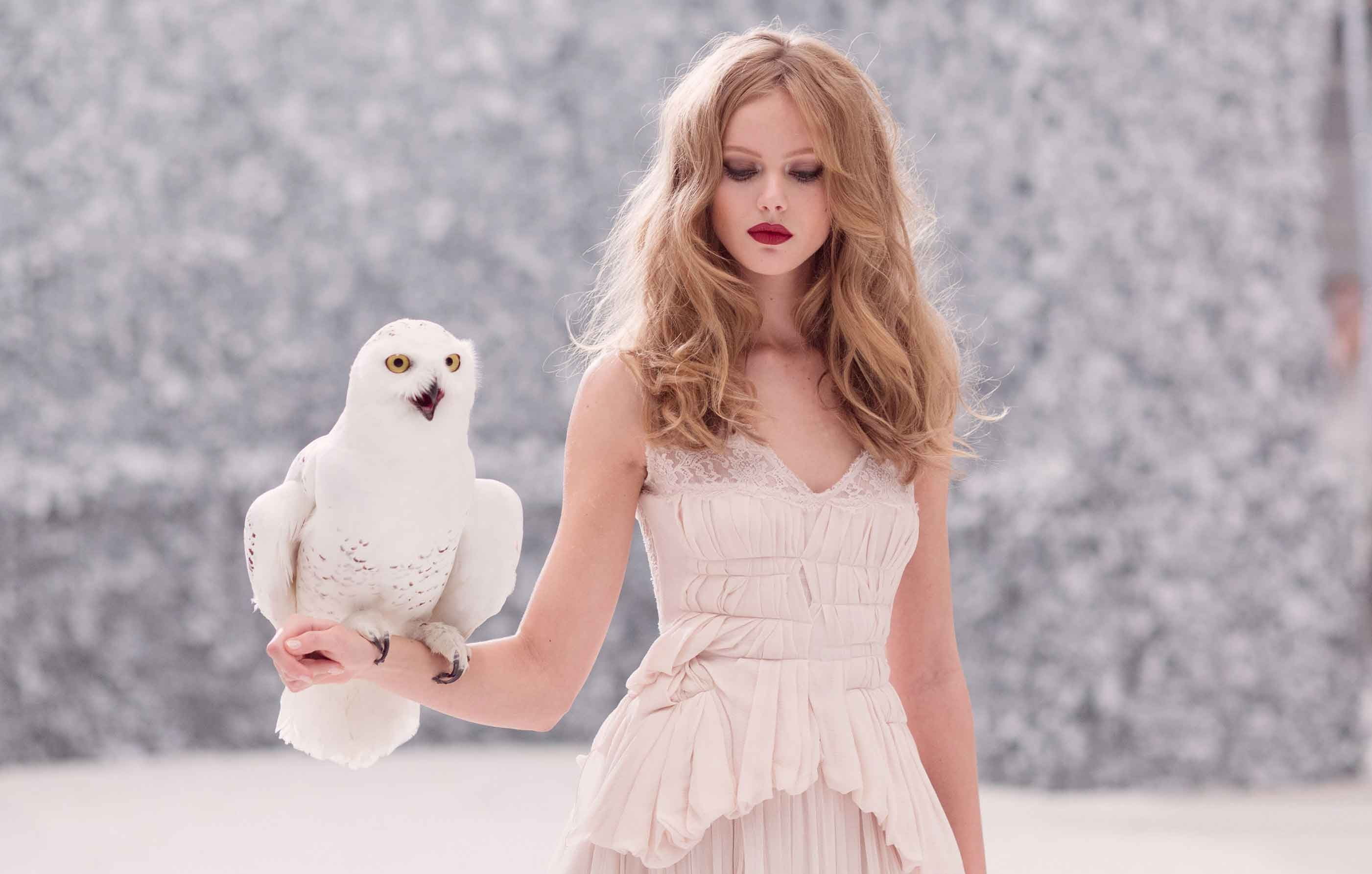 blonde, red lipstick, Frida Gustavsson, 2K, winter, animals, women, model, white dress, owl, HD Wallpaper
