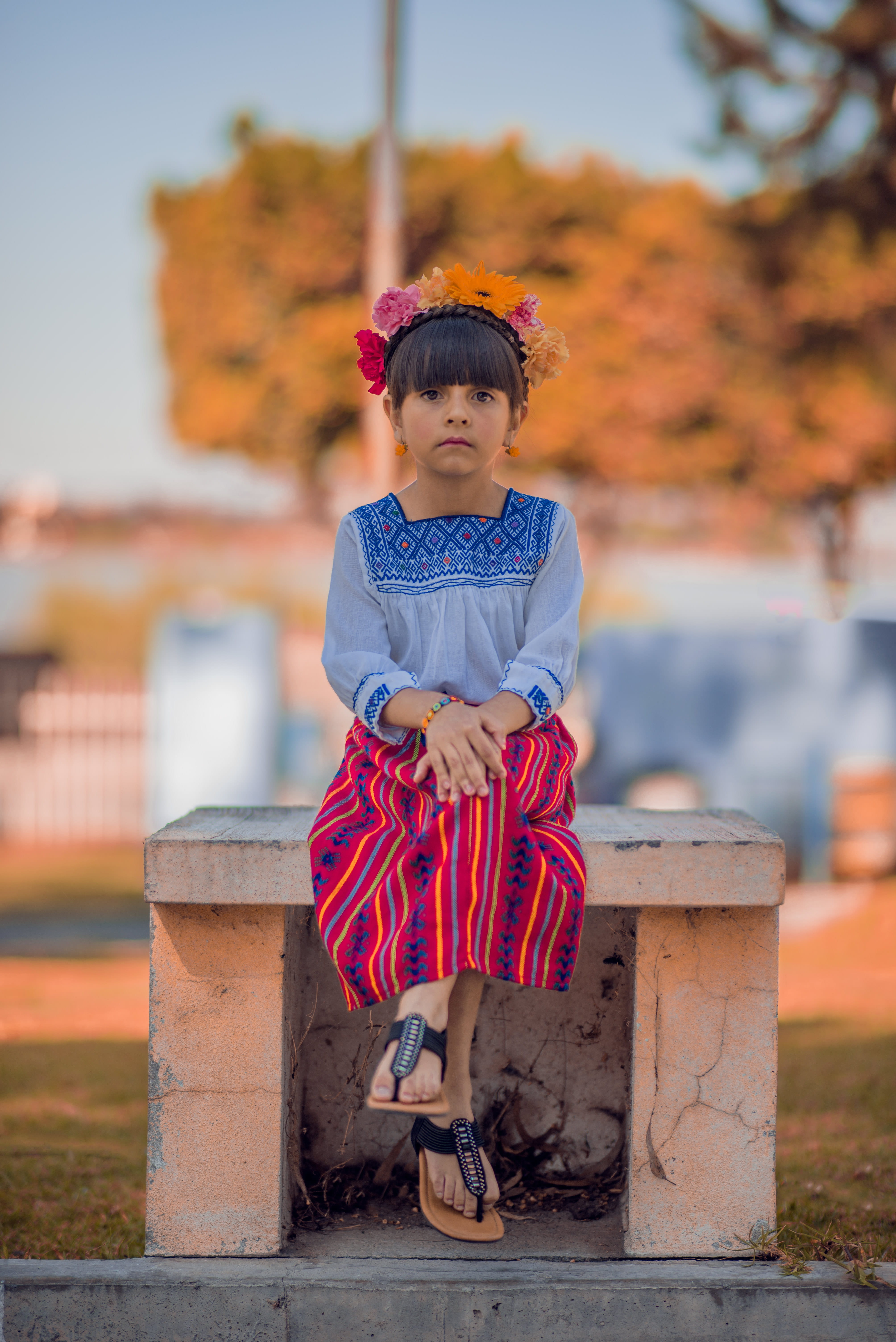 full length, cute, kid, sitting, frida, sit, flower crown, real people, front view, color, childhood, autumn, casual clothing, bench, outdoors, leisure activity, Phone HD Wallpaper