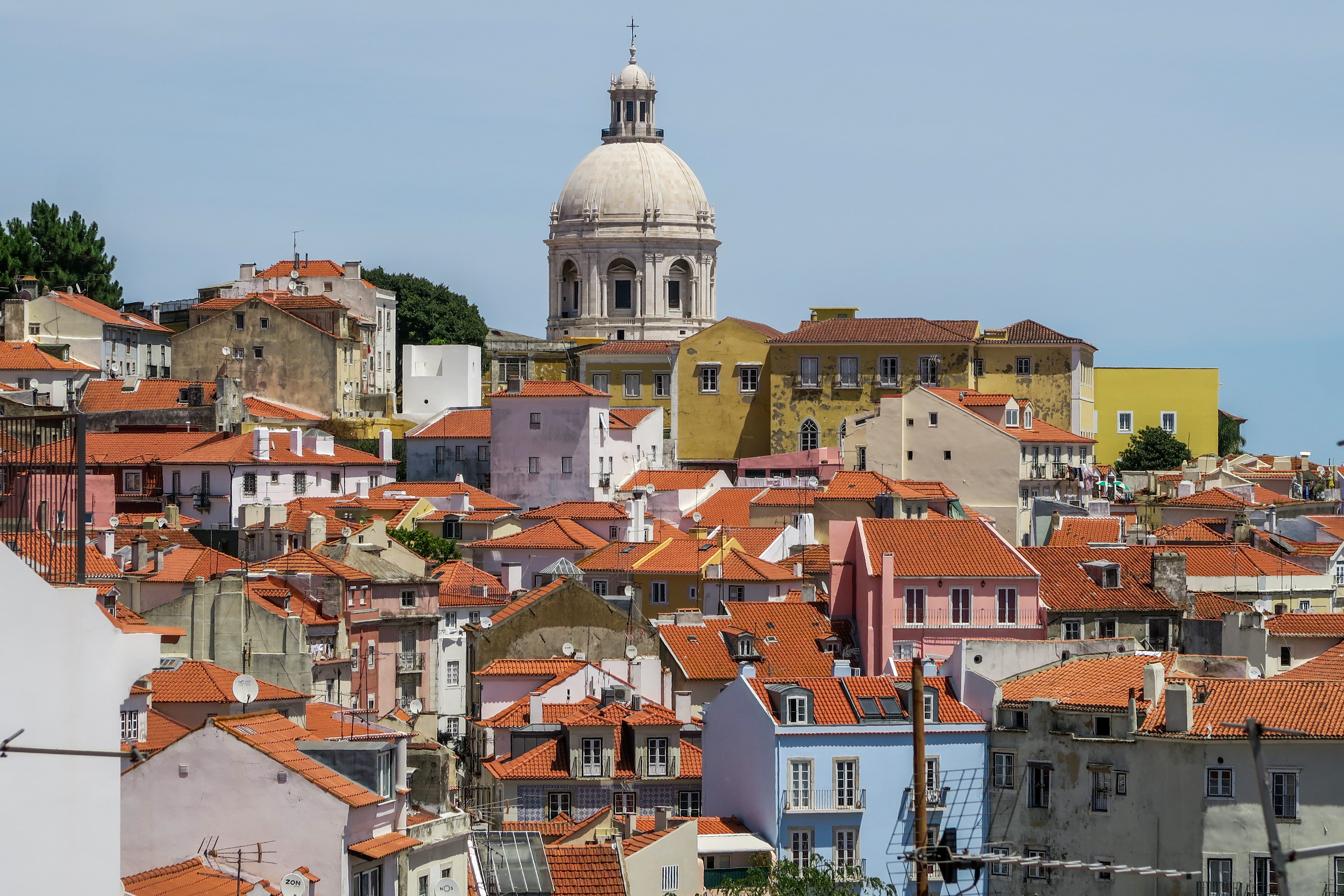 gothic, houses, lisbon, tops, dome, religion, sky, no people, cityskyline, skylin, sea side, day, near, photography, sea, red, church, built structure, HD Wallpaper