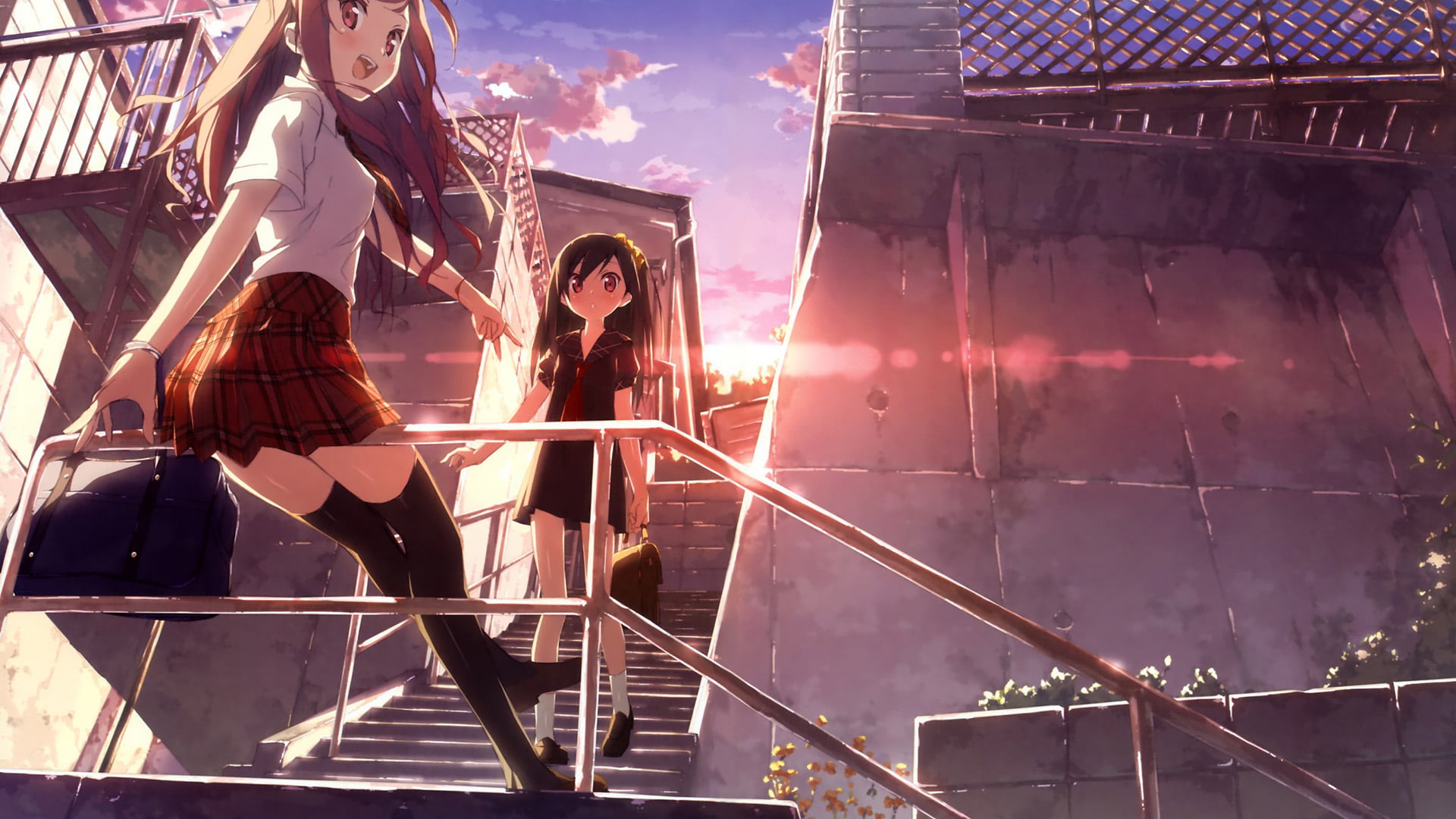 icon, anime, real people, outdoors, training, lens flare, staircase, sky, two people, field, sport, championship, sunset, togetherness, built structure, HD Wallpaper