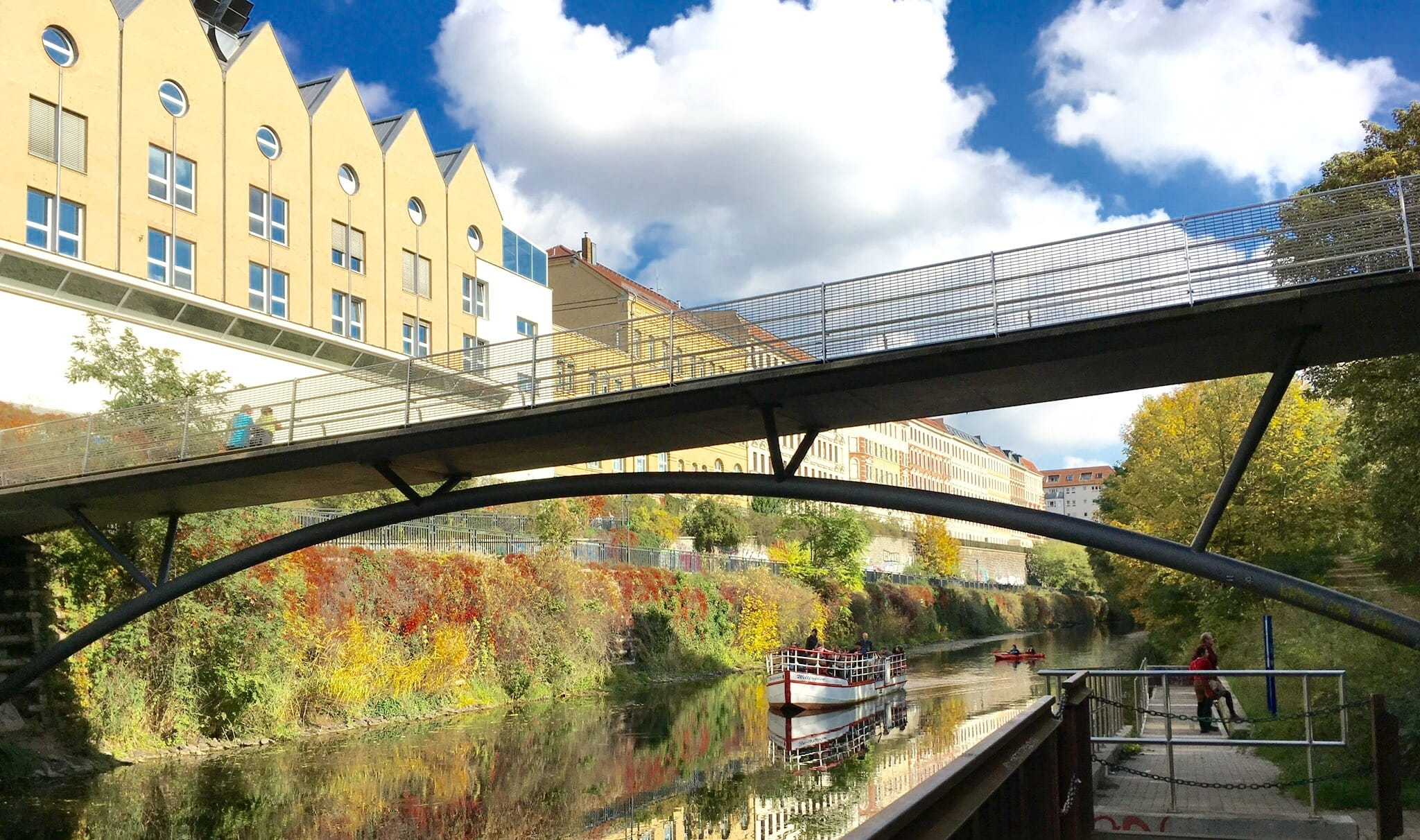 connection, river, day, sky, change, footbridge, city, tree, reflection, plant, built structure, no people, leipzig, water, autumn, nature, overpass, outdoors, HD Wallpaper