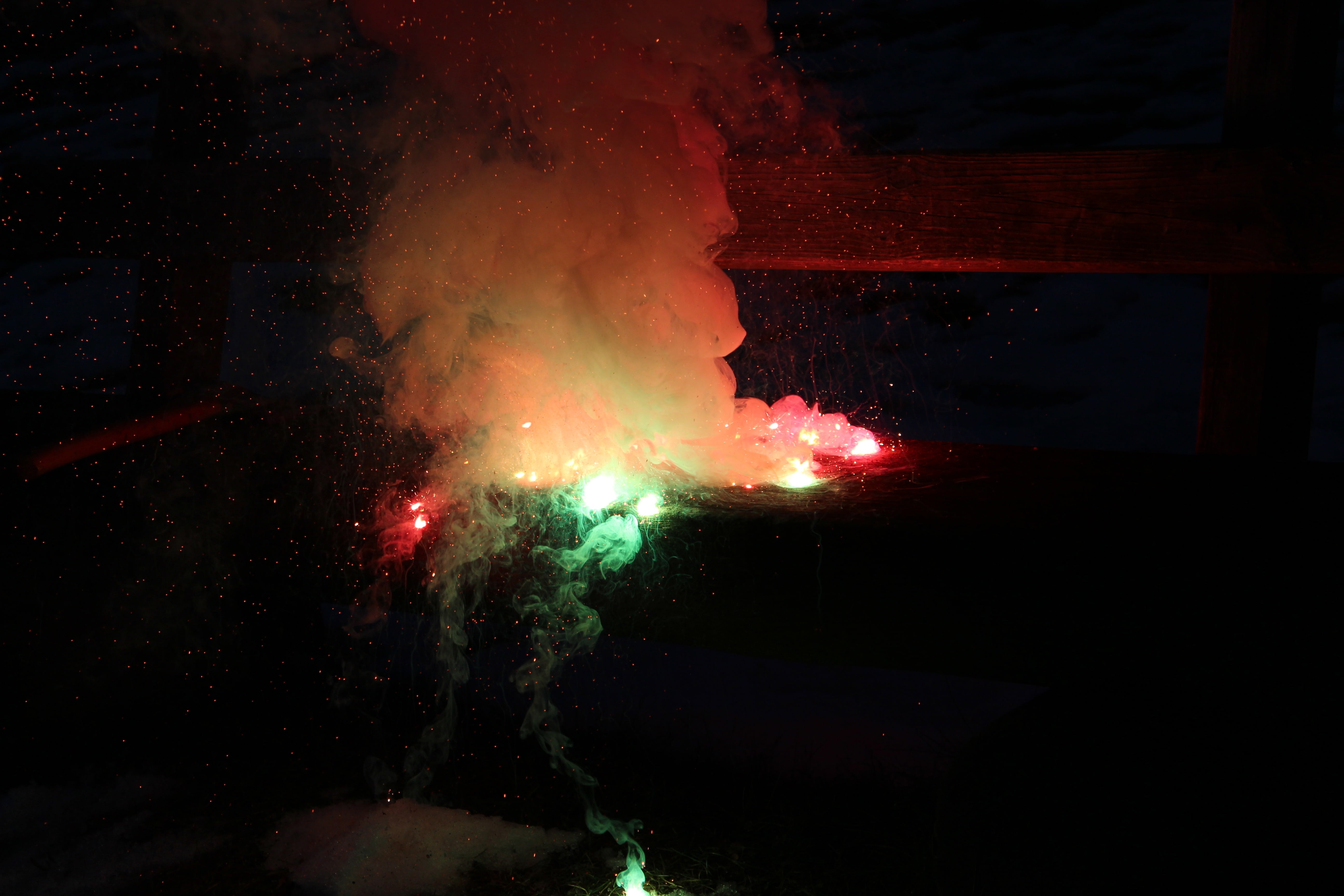 red, burning, explosive, exploding, color, beautiful, 5K, accidents and disasters, fireworks art, new years day, midnight, night, rays, sign, lights, nature, HD Wallpaper