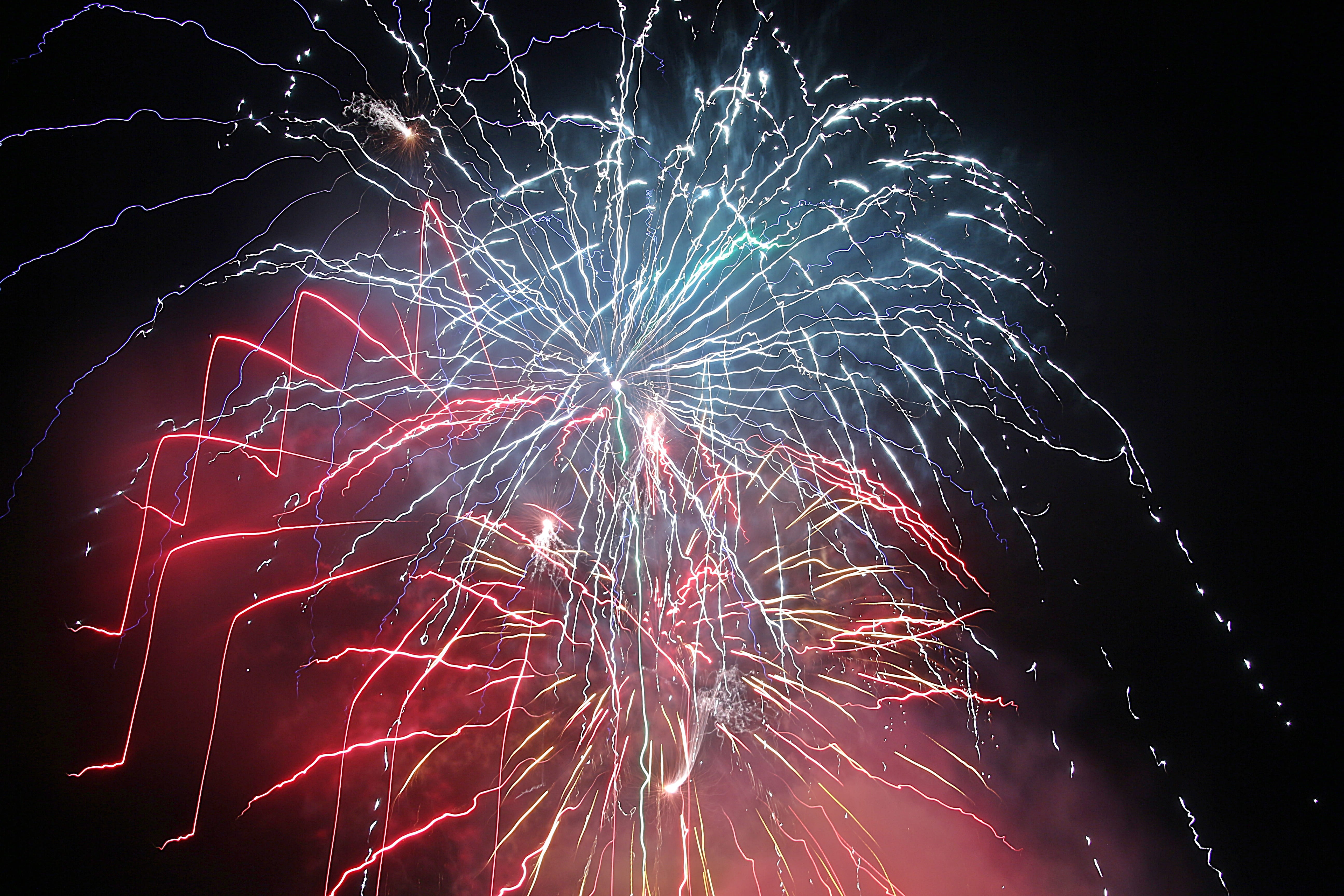 sky, arts culture and entertainment, event, multi colored, color, glowing, shining, pyrotechnics, light, 5K, no people, rocket, shower of sparks, motion, HD Wallpaper