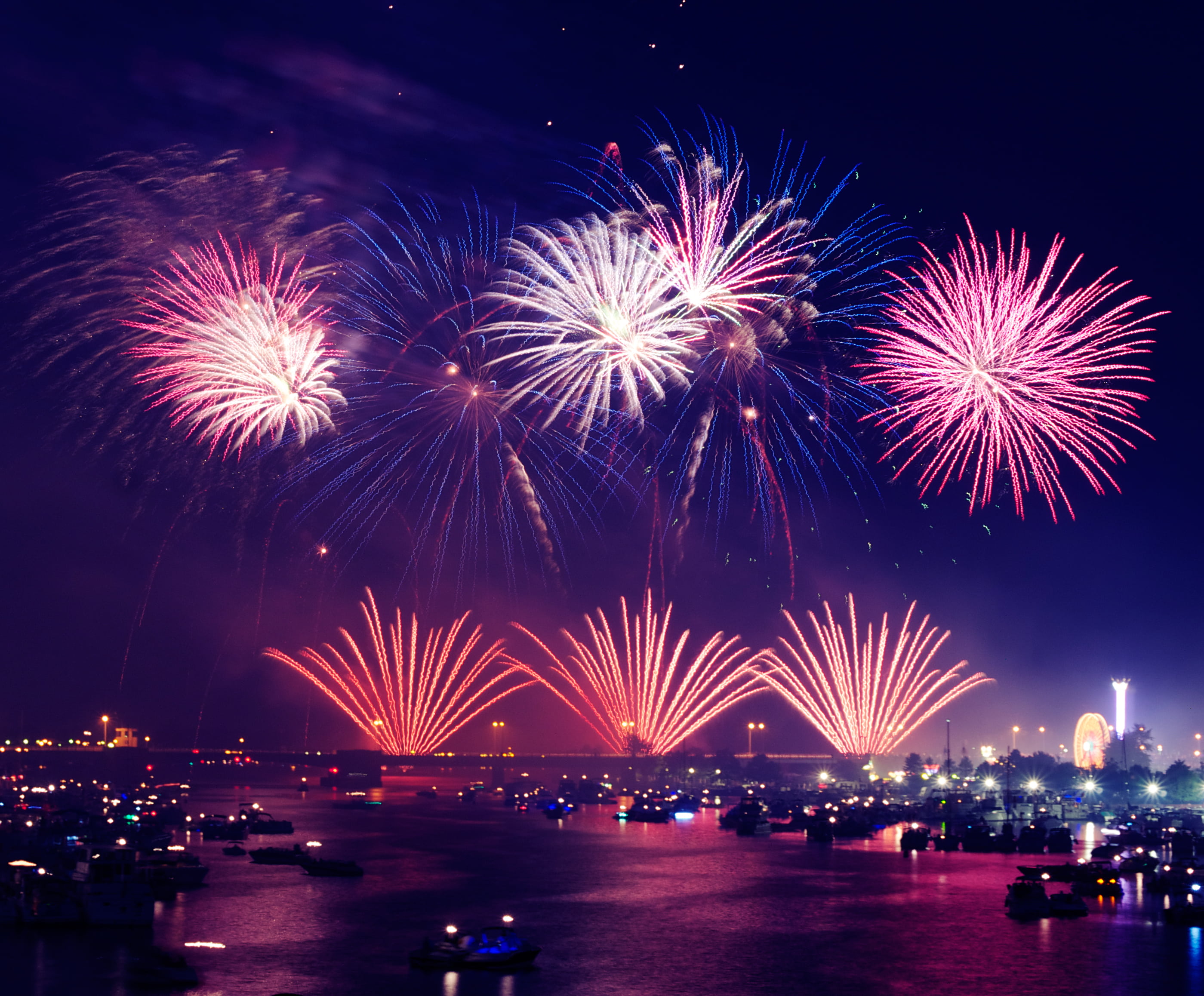 cityscape, evening, arts culture and entertainment, building exterior, city, fireworks, display, firework, boats, night, sky, water, celebration, architecture, HD Wallpaper