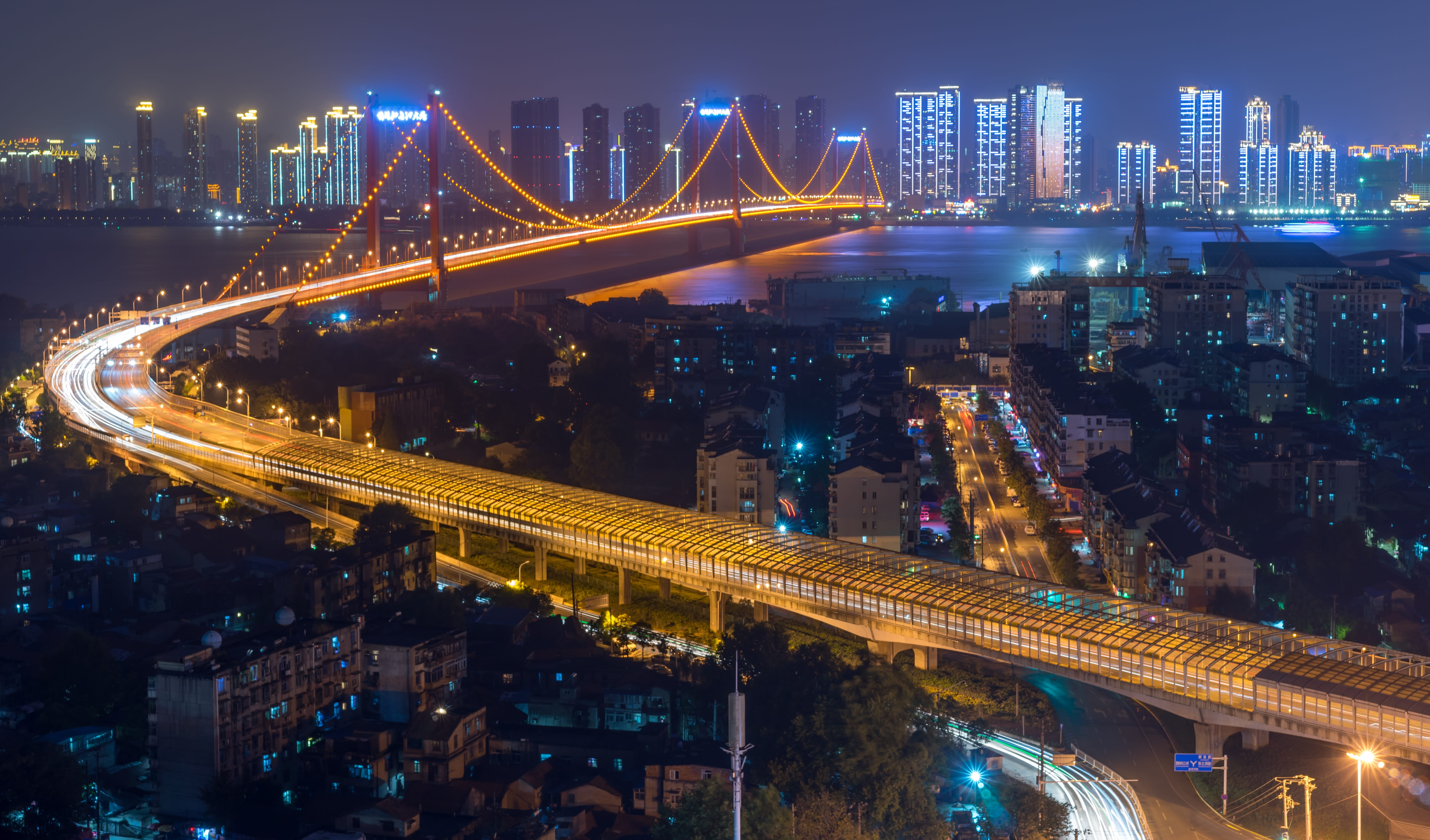 wuhan, wuchang, yangtze river bridge, skyscraper, architecture, modern, bridge, illuminated, city life, no people, travel destinations, built structure, HD Wallpaper