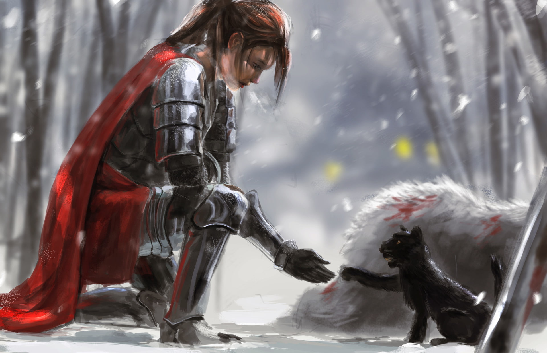 warrior, kneeling, fantasy girl, armor, fantasy art, 1080P, HD Wallpaper