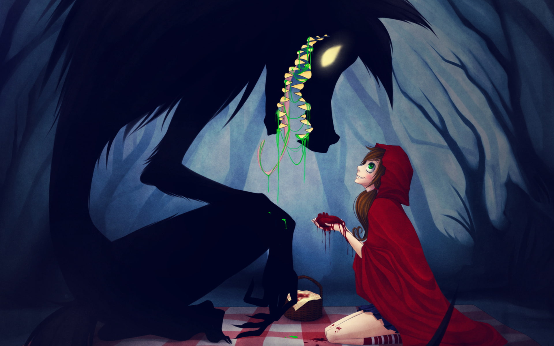 forest, women, wolves, animals, 1080P, anime, spooky, girls, creepy, fangs, red riding hood, trees, dark, HD Wallpaper