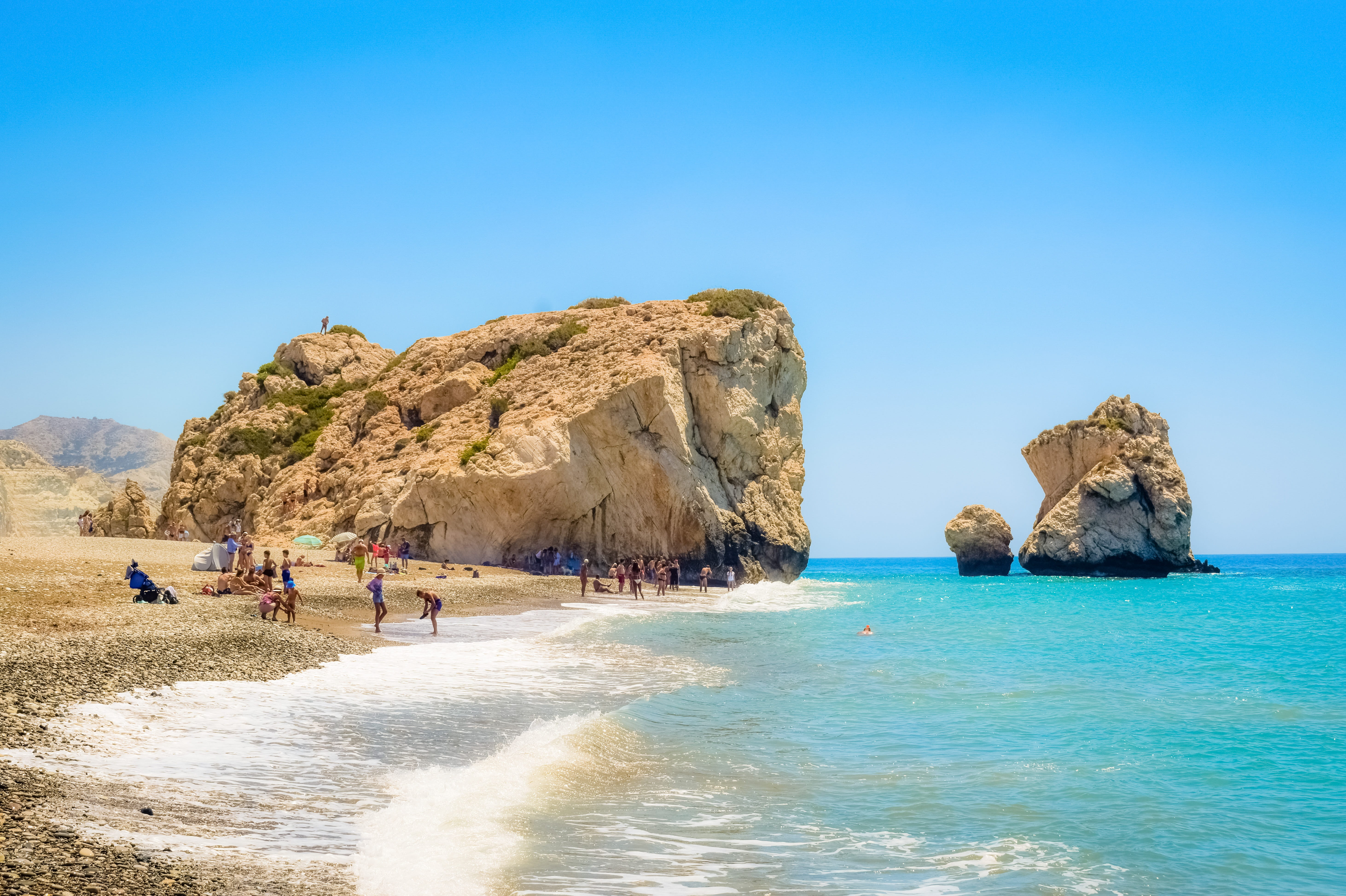 beauty in nature, day, petra tou romiou, clear sky, tranquility, landmark, aphrodites rock, group of people, landscape, tranquil scene, horizon over water, HD Wallpaper