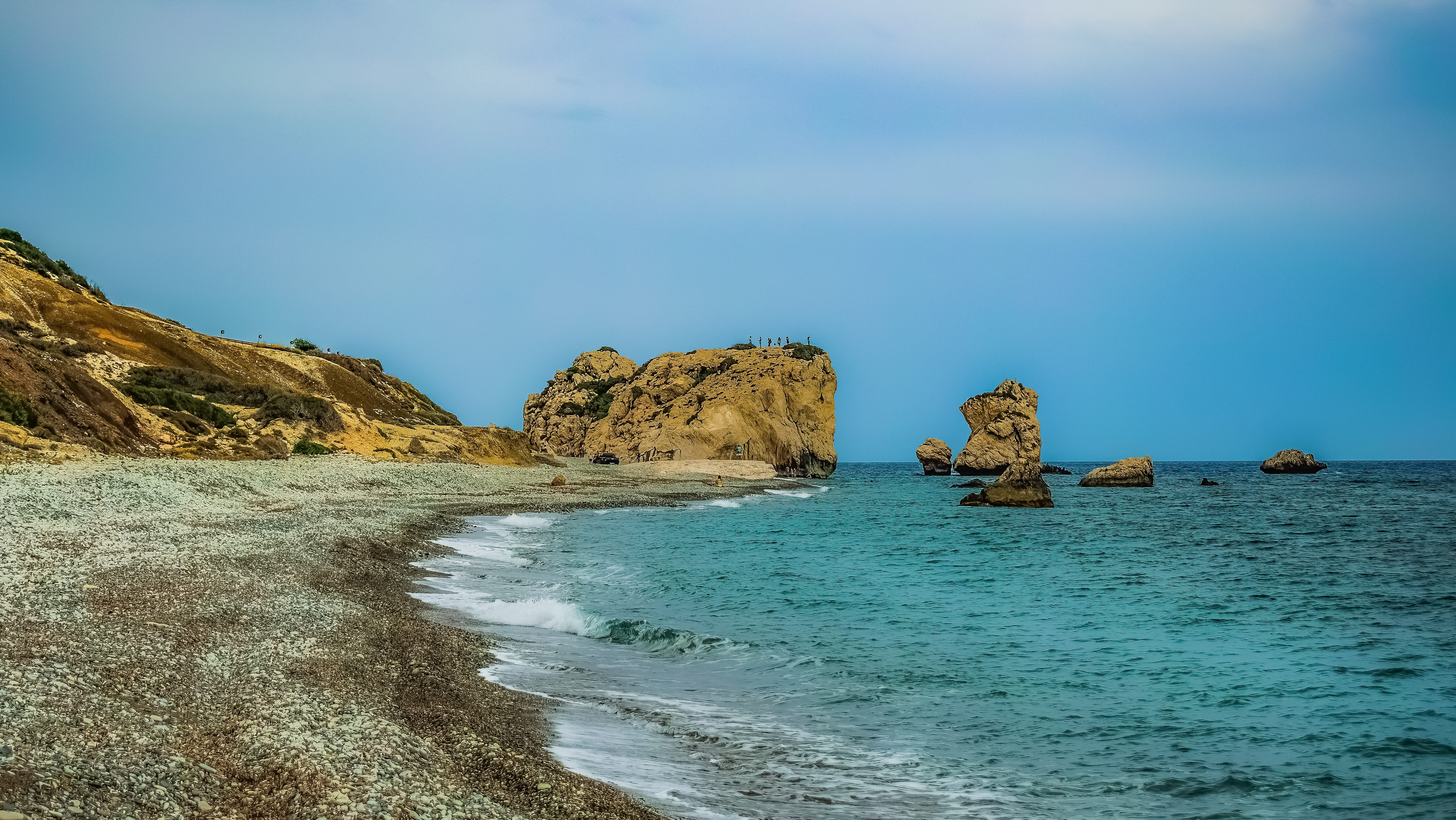 shore, travel, motion, stack rock, aphrodites rock, wave, 5K, rock formation, scenery, sky, rocky coast, rock, water, solid, idyllic, cyprus, outdoors, HD Wallpaper