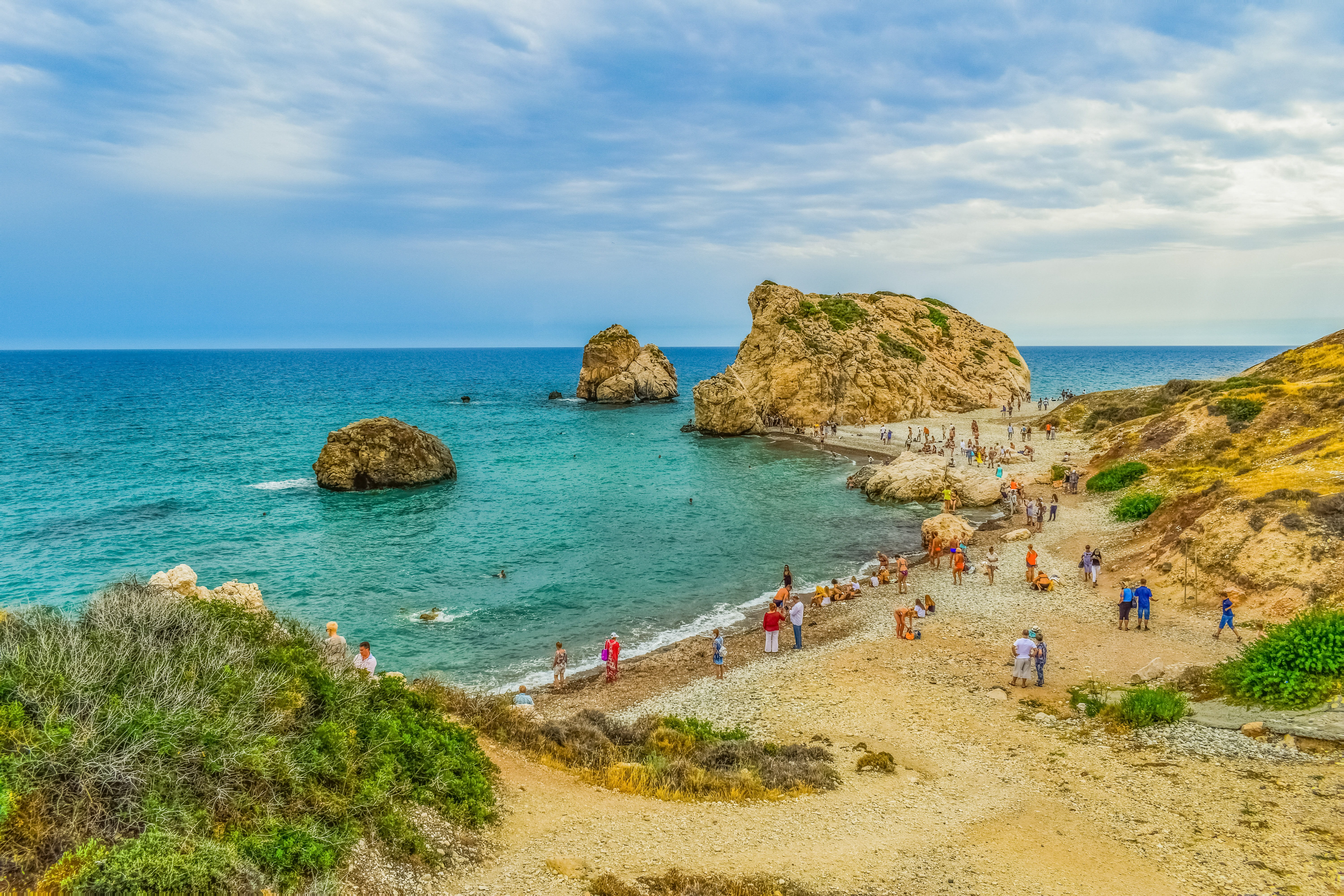 tranquility, beach, aphrodites rock, real people, nature, 5K, sky, holiday, rock - object, shore, landscape, group of people, coast, travel, beauty in nature, HD Wallpaper