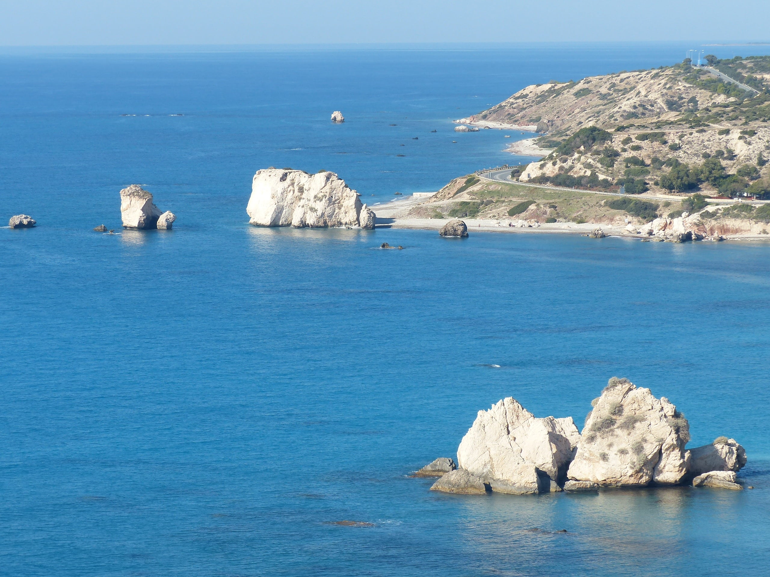 cyprus, blue, sea, nature, aphrodites rock, waterfront, beauty in nature, land, tranquility, day, horizon over water, no people, water, rock, coast, island, HD Wallpaper