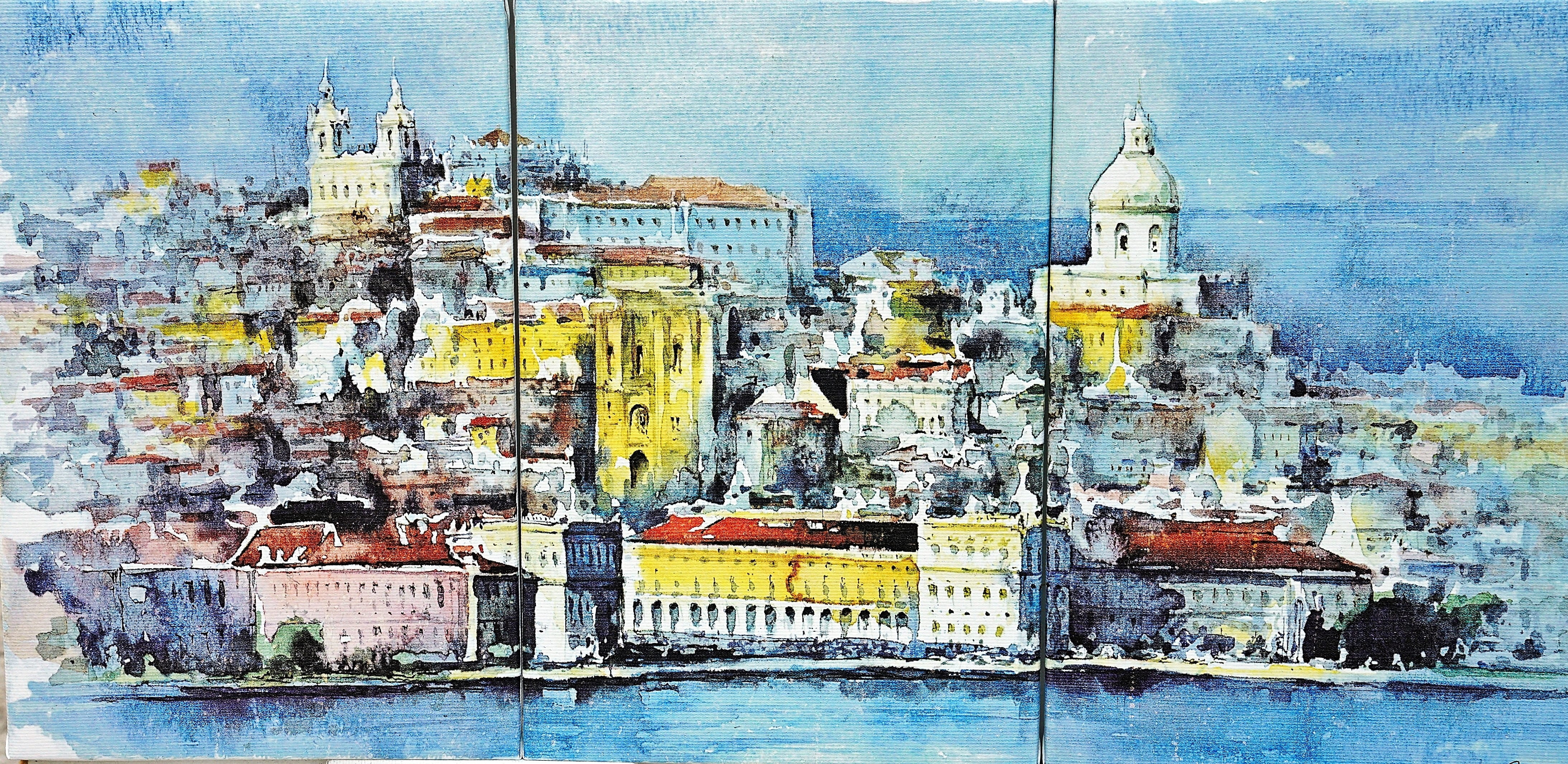 city, water, building exterior, outdoors, 4K, canvas, day, village, no people, lisbon, nautical vessel, blue, painting, sea, building, drawing, portugal, HD Wallpaper