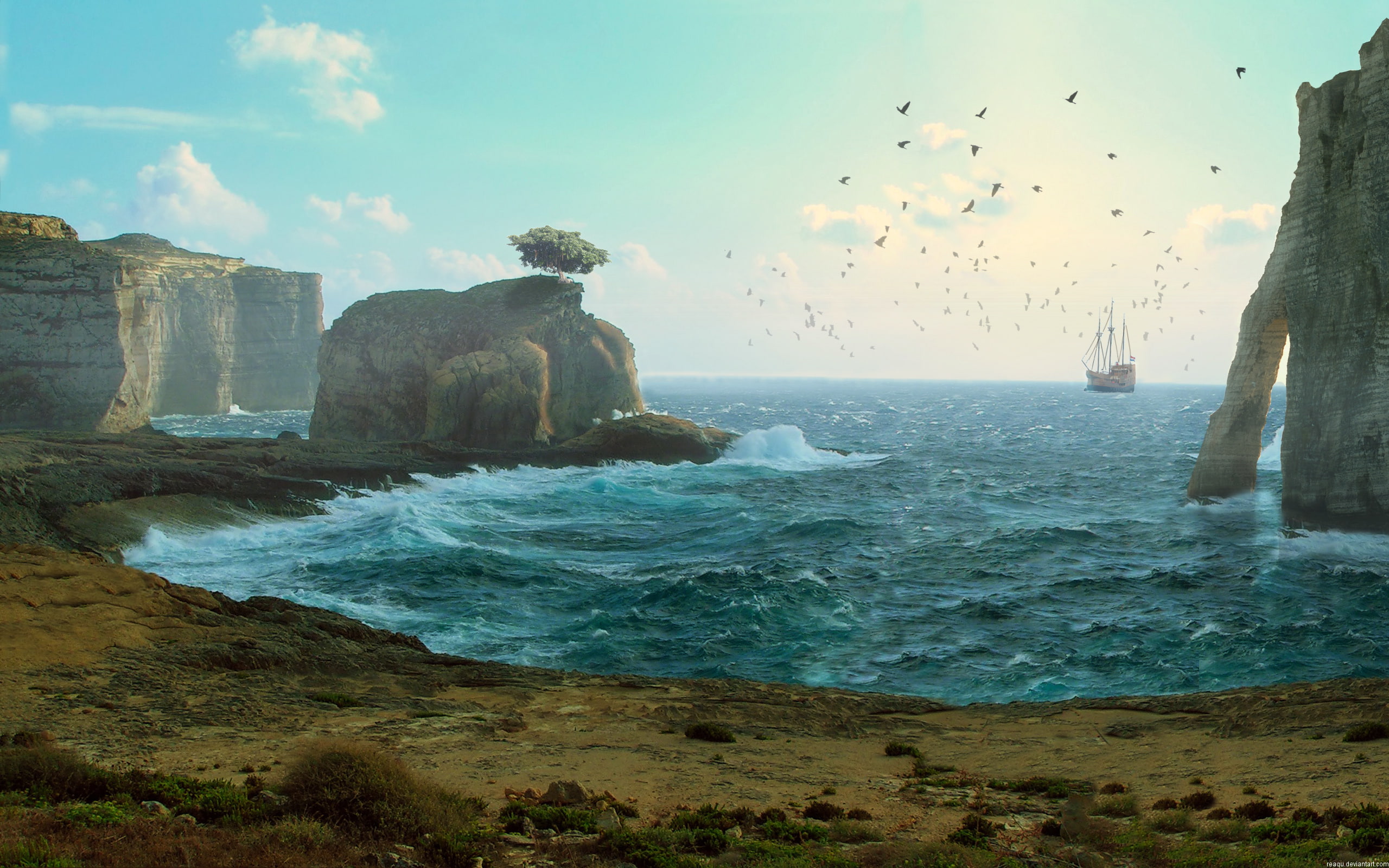 lost, hd, sail, shore, creative and graphics, graphics, creative, flagship, painting, 2K, near, HD Wallpaper