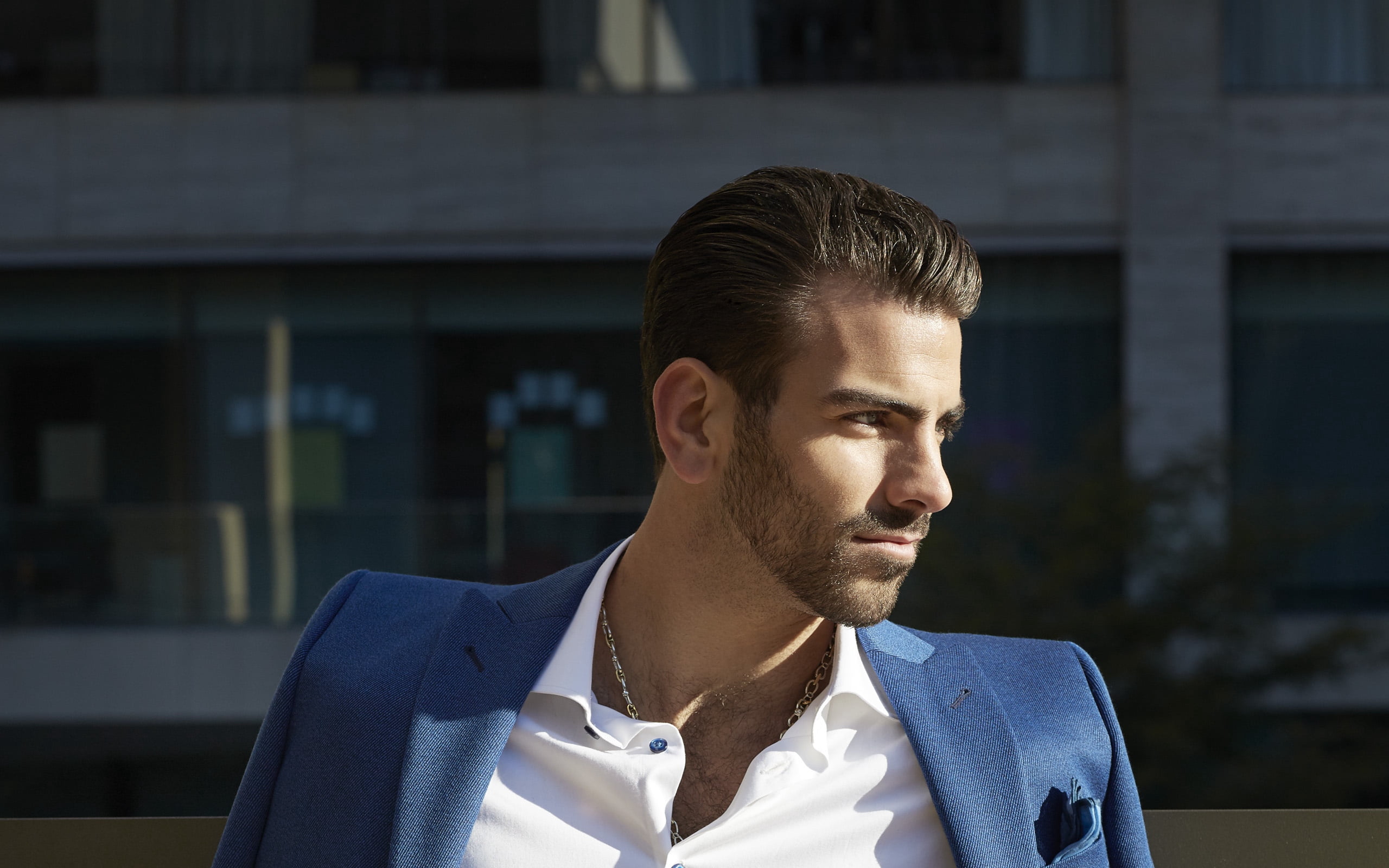 city Life, one Man Only, leisure activity, lifestyles, brown Hair, formal, success, portrait, architecture, 2K, fashion, occupation, suit, adult, blue, HD Wallpaper