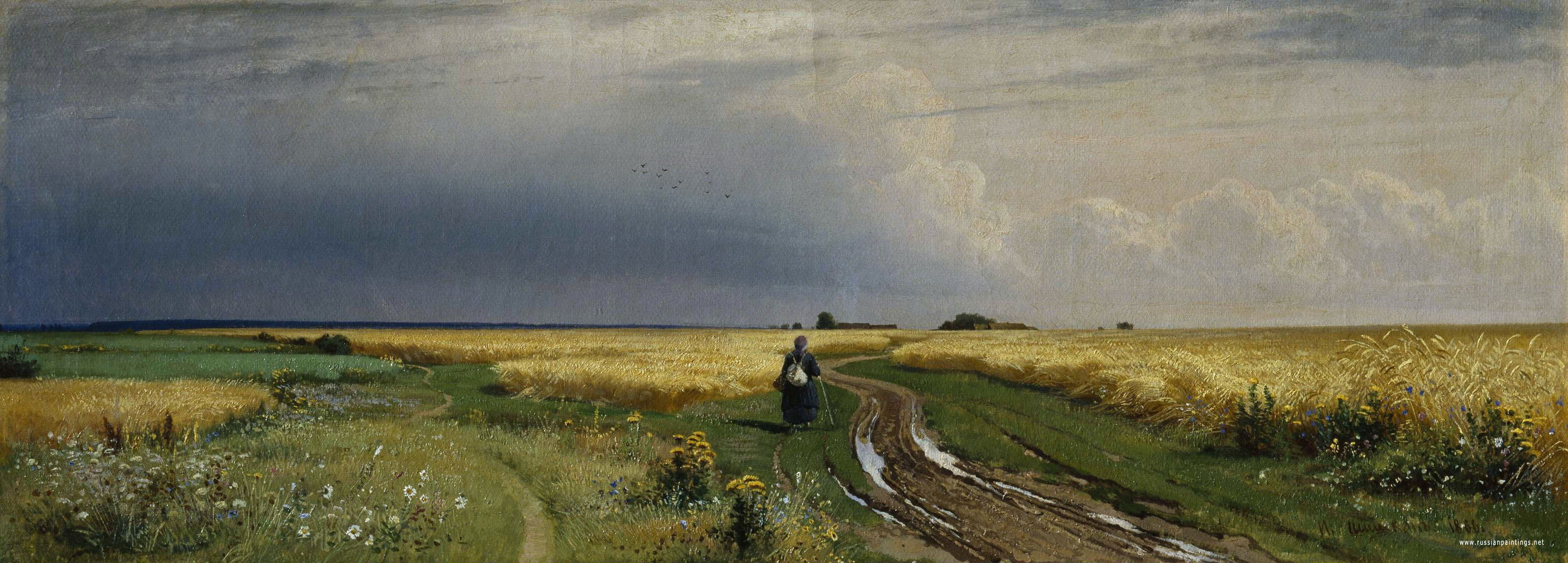 2K, 1866, grass, clouds, birds, flowers, field, road, The road in the rye, Shishkin, HD Wallpaper