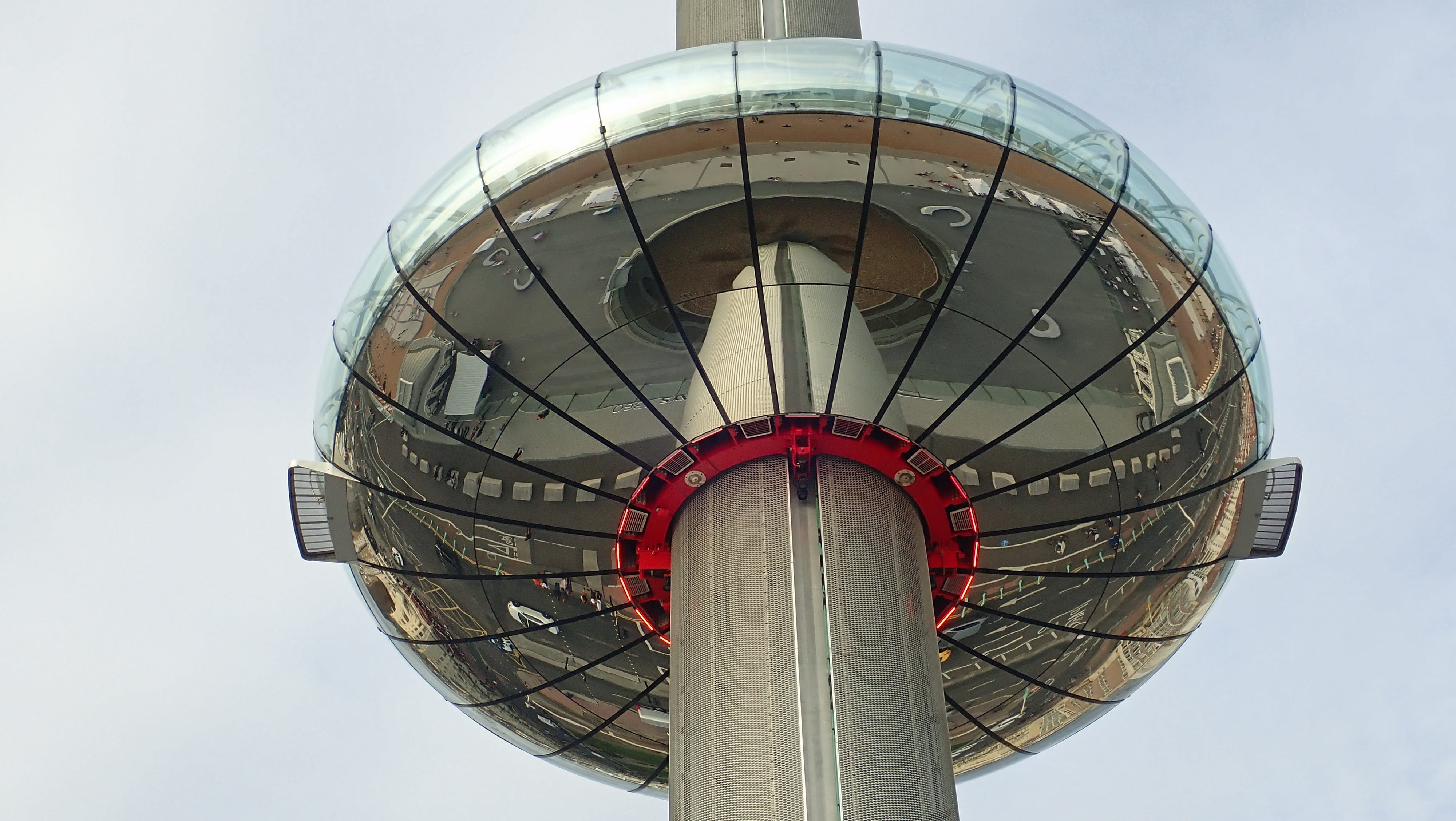 i360, observation tower, geometric shape, brighton, closeup, architecture, built structure, red, england, 4K, outdoors, low angle view, sky, seafront, HD Wallpaper