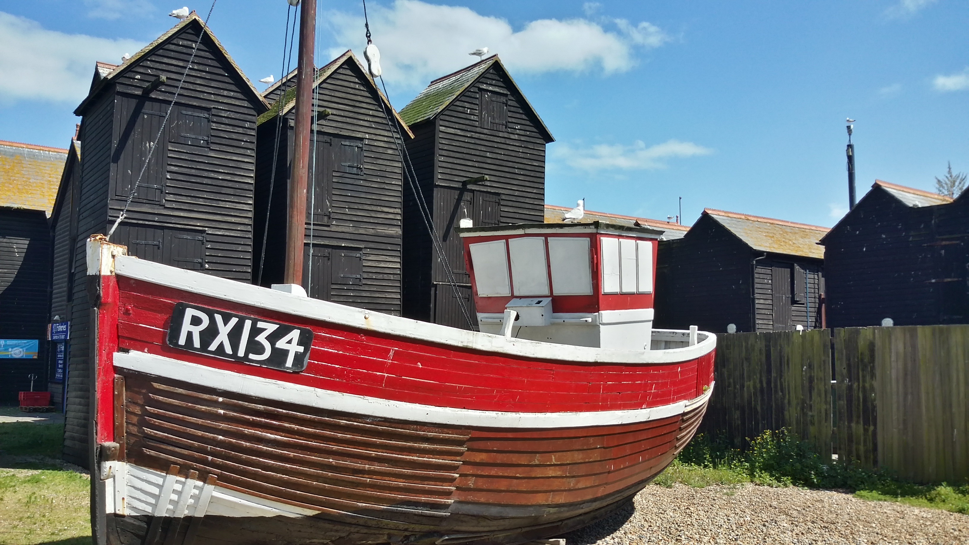 seaside resort, building, sky, england, transportation, outdoors, red, hang fishing nets, nautical vessel, sunlight, no people, east sussex, day, fishing village, HD Wallpaper
