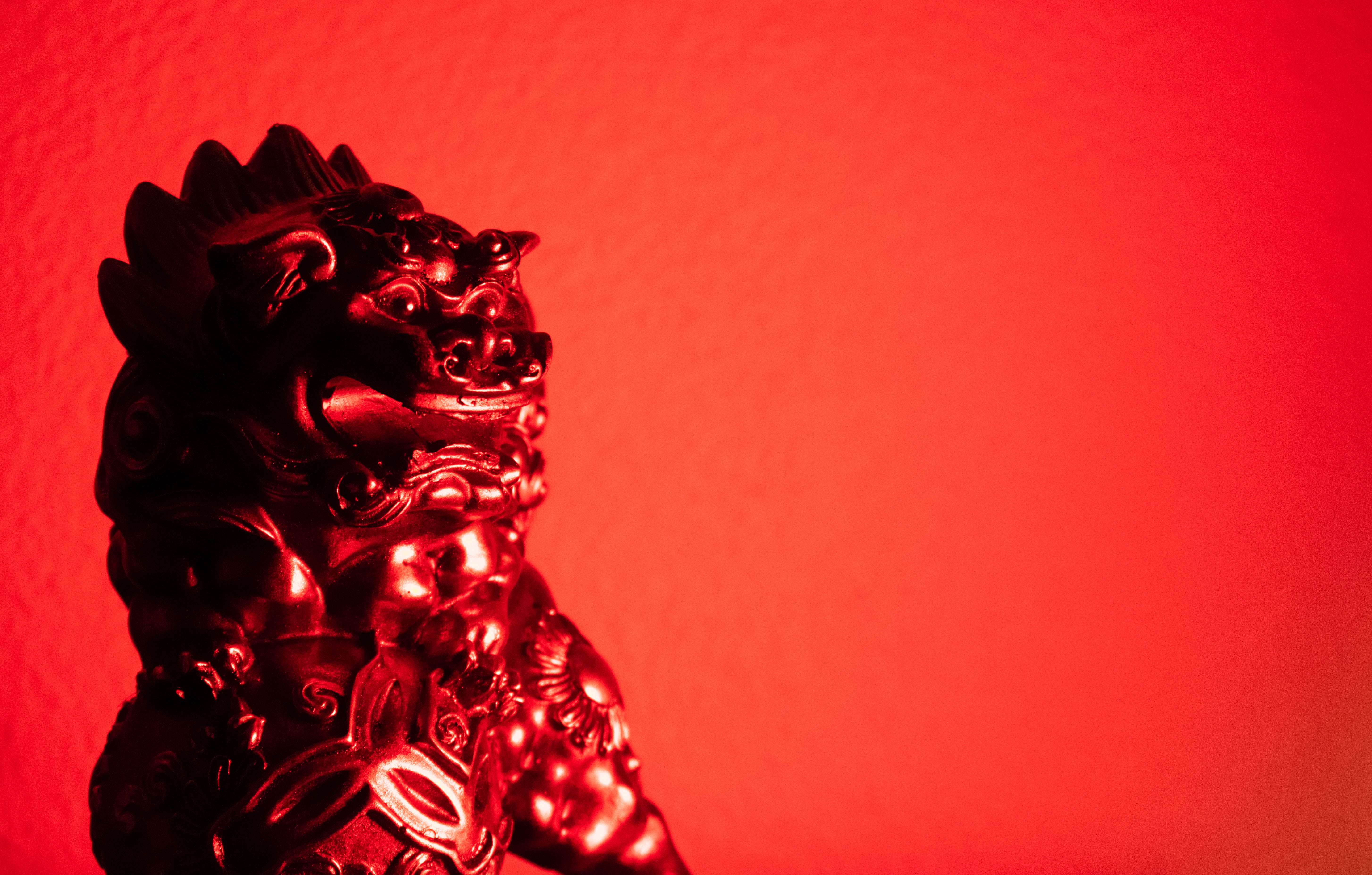 colored background, gold statue, ornate, chinese, christmas decoration, christmas, motion, craft, gold lion statue, gold lion, golden, red background, lion statue, HD Wallpaper