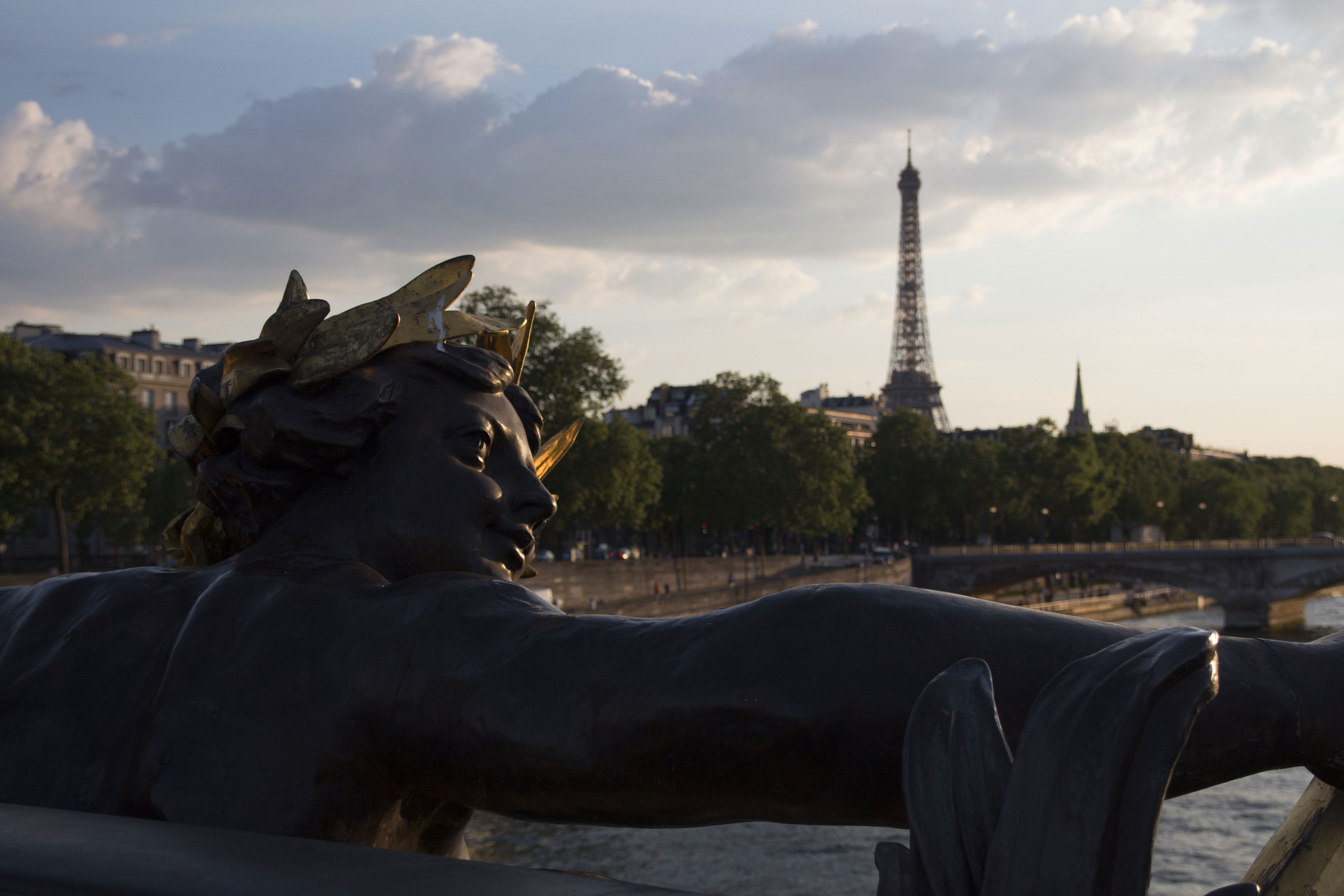 no people, stature, pont, cloud - sky, eiffeil tower, water, human representation, tree, view, tourism, travel destinations, statue, building exterior, HD Wallpaper