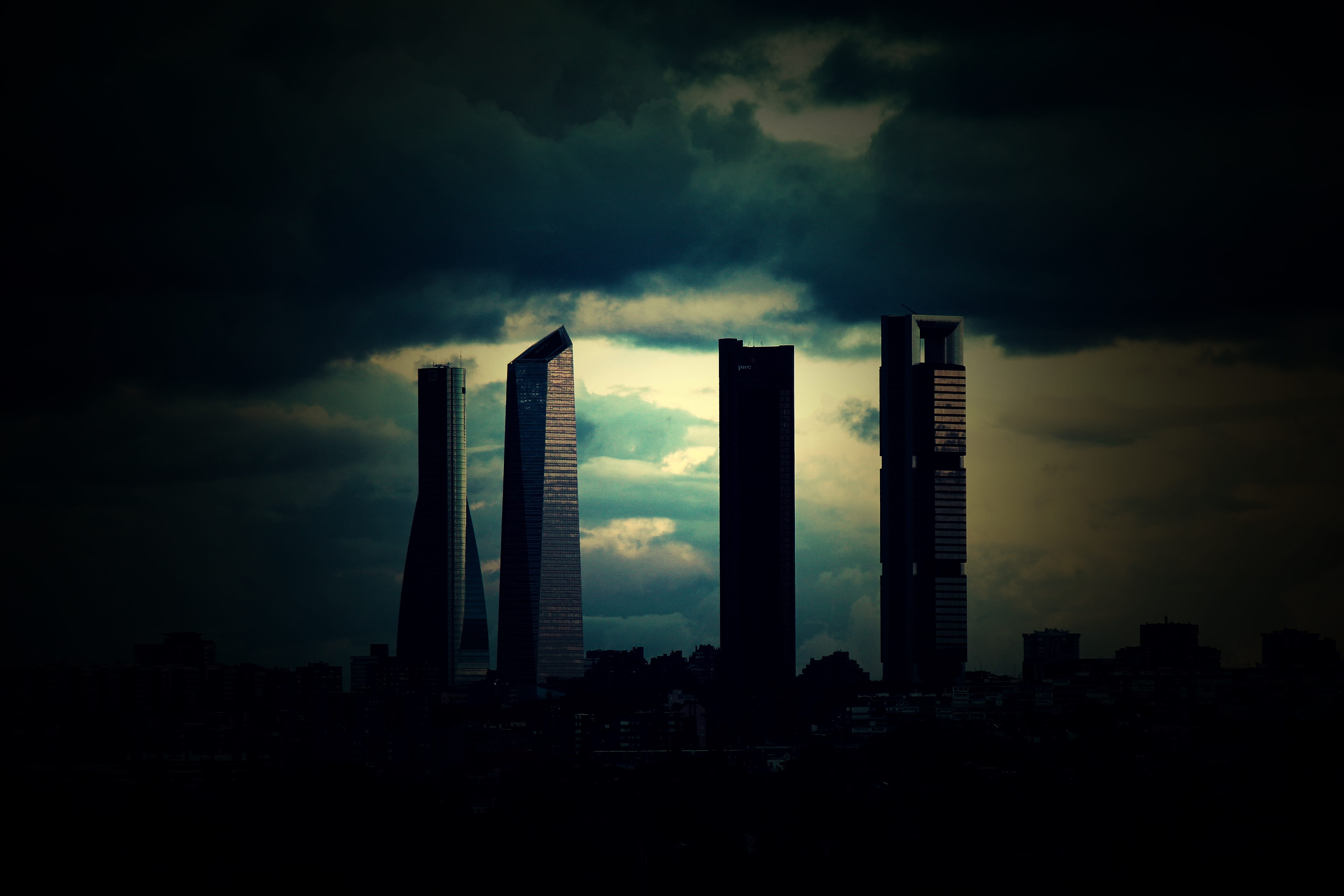 nature, tower, spain, panoramic, 5K, building, buildings, office building exterior, skyscraper, city, tall - high, sunset, dark, madrid, cloud - sky, cityscape, HD Wallpaper