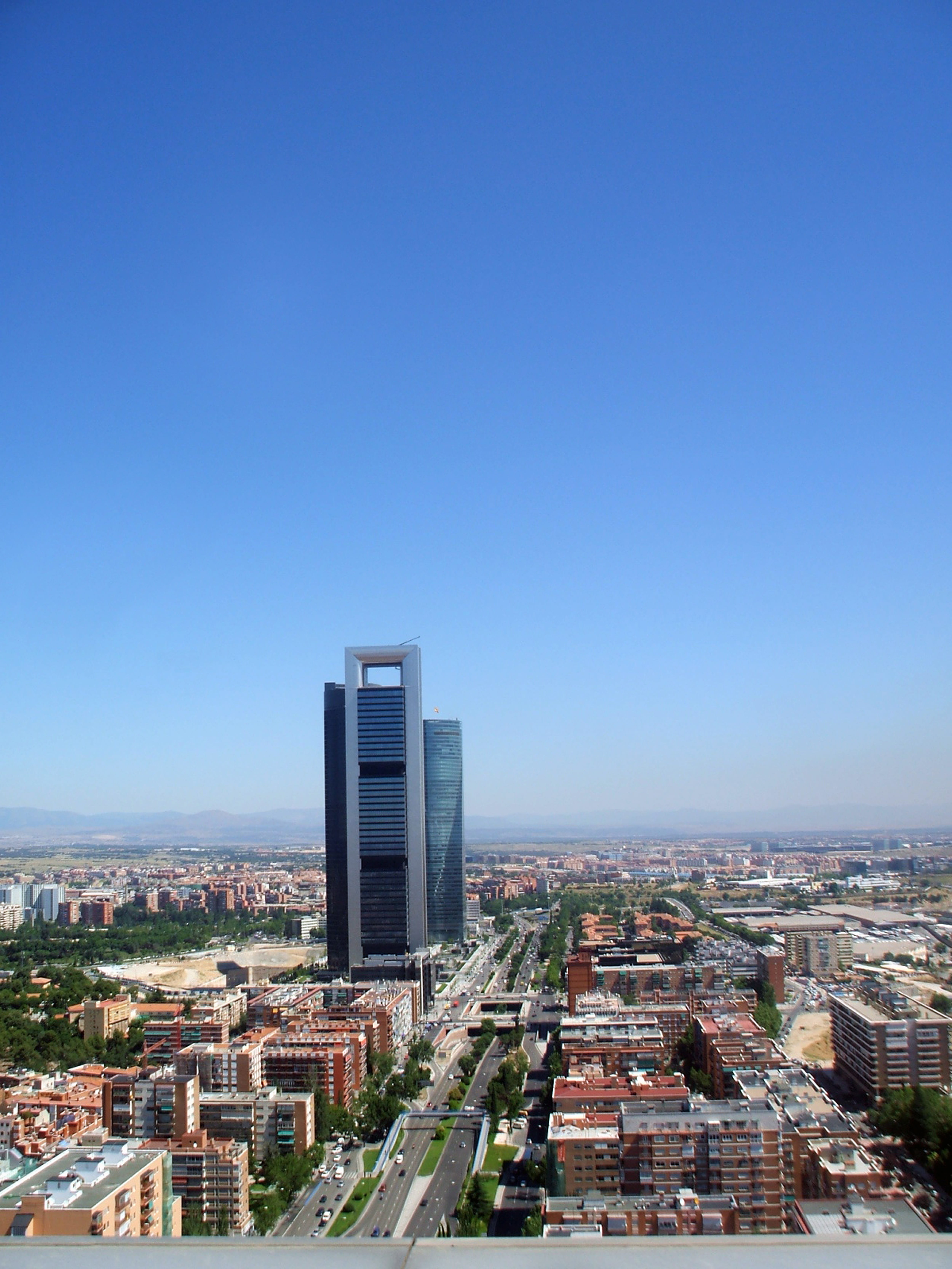 tower, architecture, office building exterior, avenue, glass, spain, bussines, cityscape, nature, day, travel, madrid, 5K, madrid from the air, city, blue, Phone HD Wallpaper