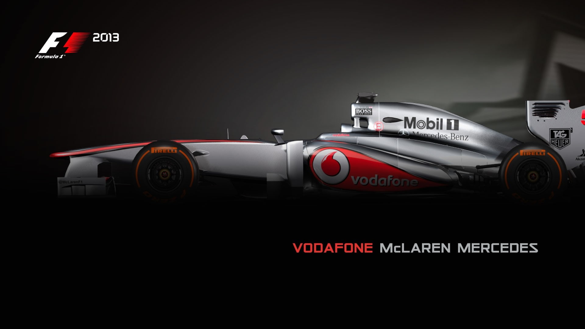 f, sports car, racecar, gray, red, text, formula, vodafone, land vehicle, transportation, warning sign, indoors, car, auto racing, 1080P, technology, HD Wallpaper