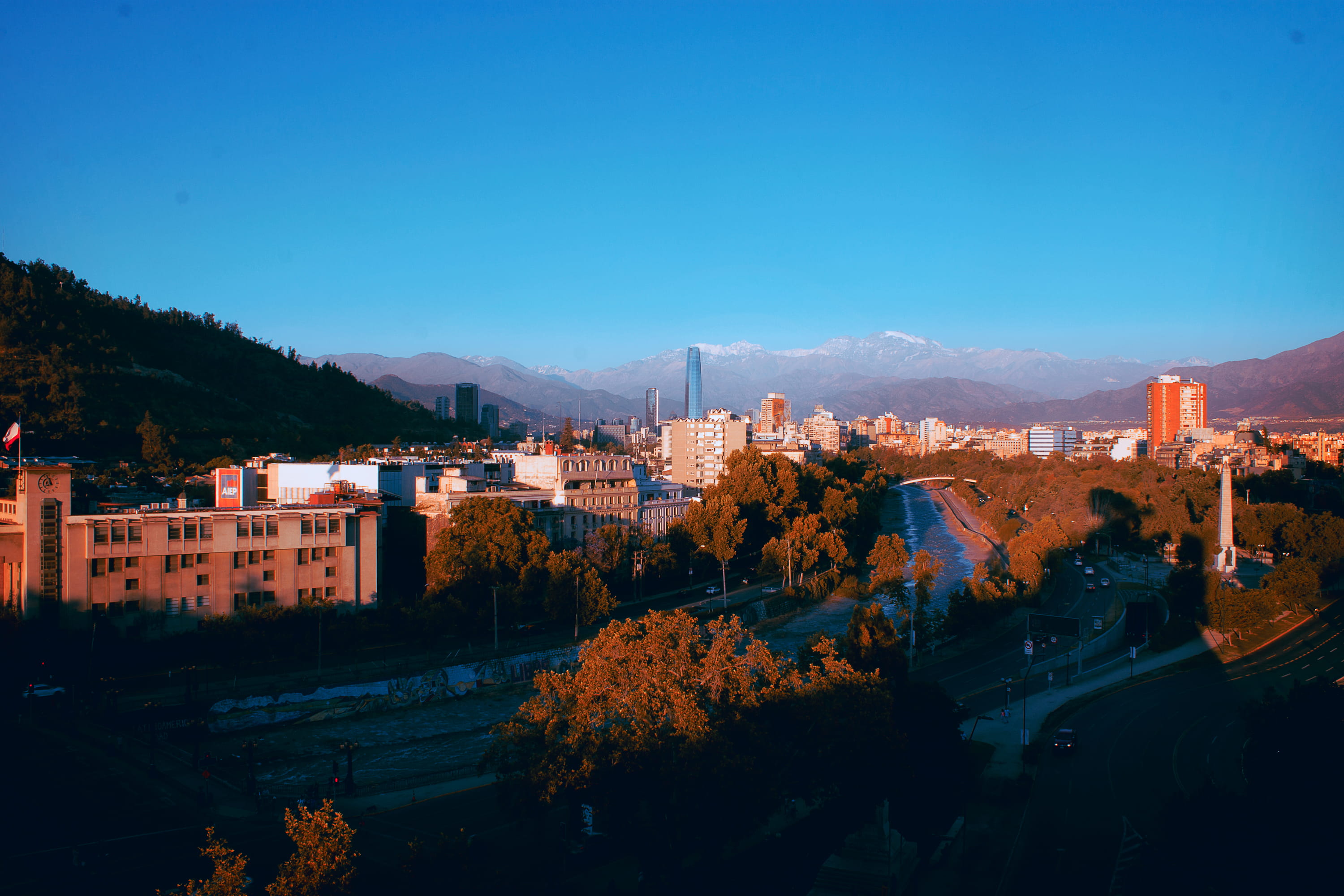 nature, river, residential district, cityscape, copy space, 2K, built structure, chile, skyline, townscape, day, building exterior, clear sky, andes, high angle view, HD Wallpaper
