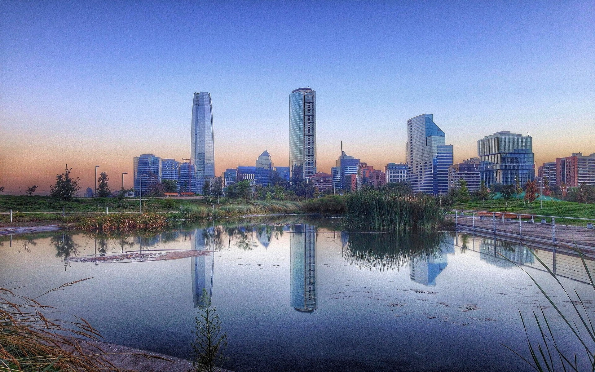 financial district, tall - high, architecture, tower, urban skyline, Shrubs, reflection, no people, built structure, office, spire, outdoors, modern, Cityscape, HD Wallpaper