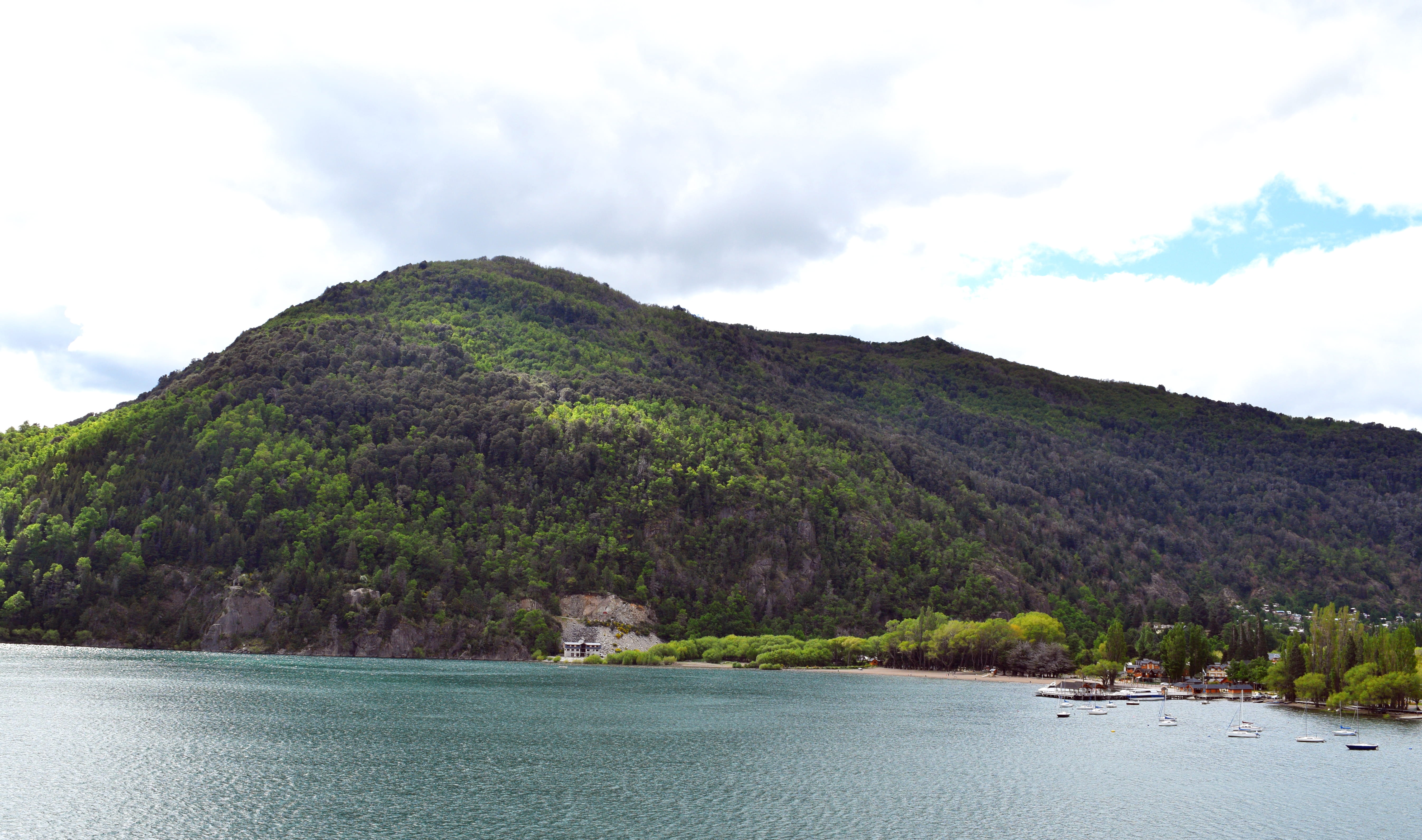 idyllic, lake, mountain, sky, trees, green, argentina, beauty in nature, forest, 5K, nature, cloud - sky, water, tree, day, sea, waterfront, landscape, HD Wallpaper