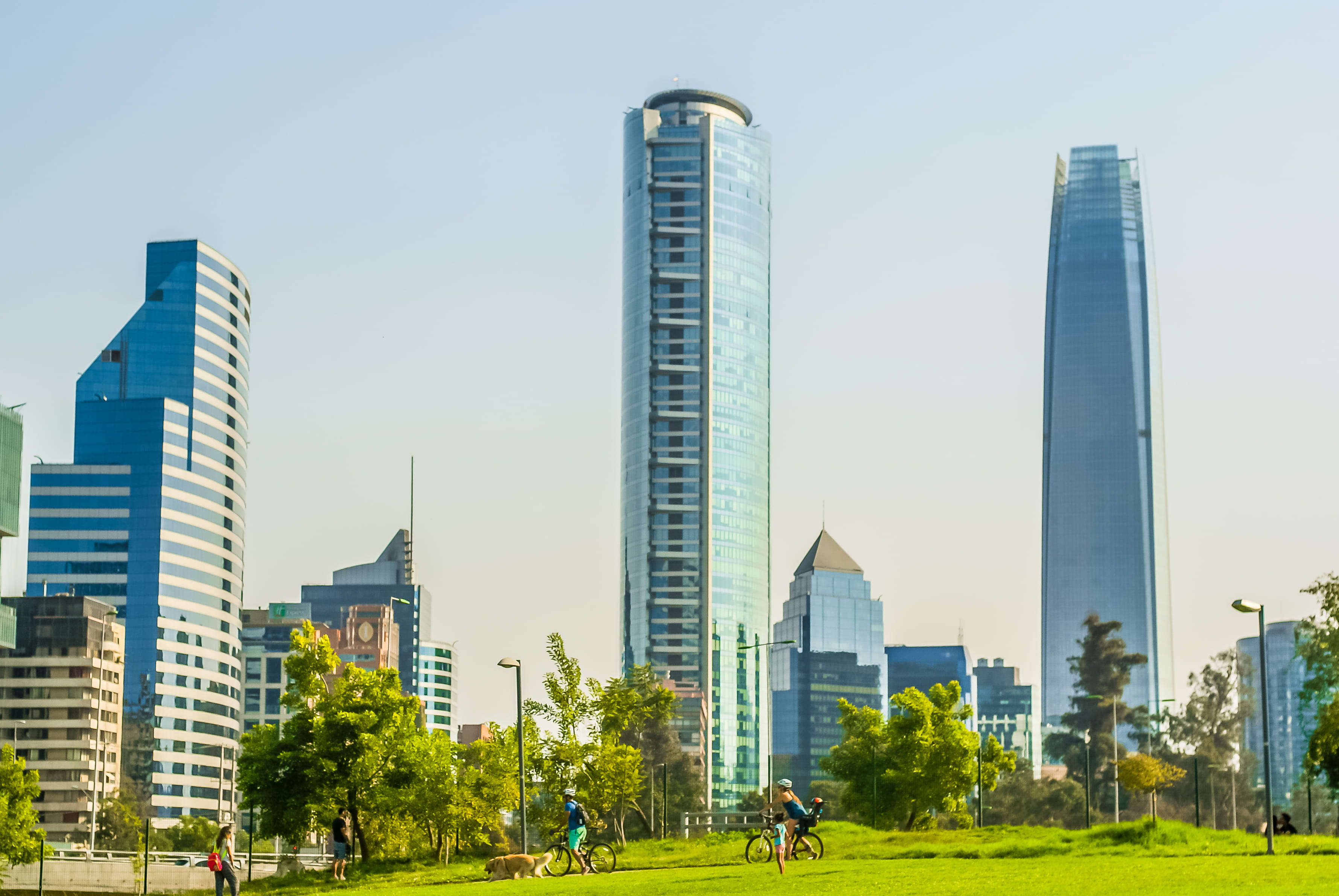 park, sky, financial district, millennials, grass, office, green, bicentenario, costanera, vitacura, skyscraper, day, architecture, clear sky, tall - high, HD Wallpaper