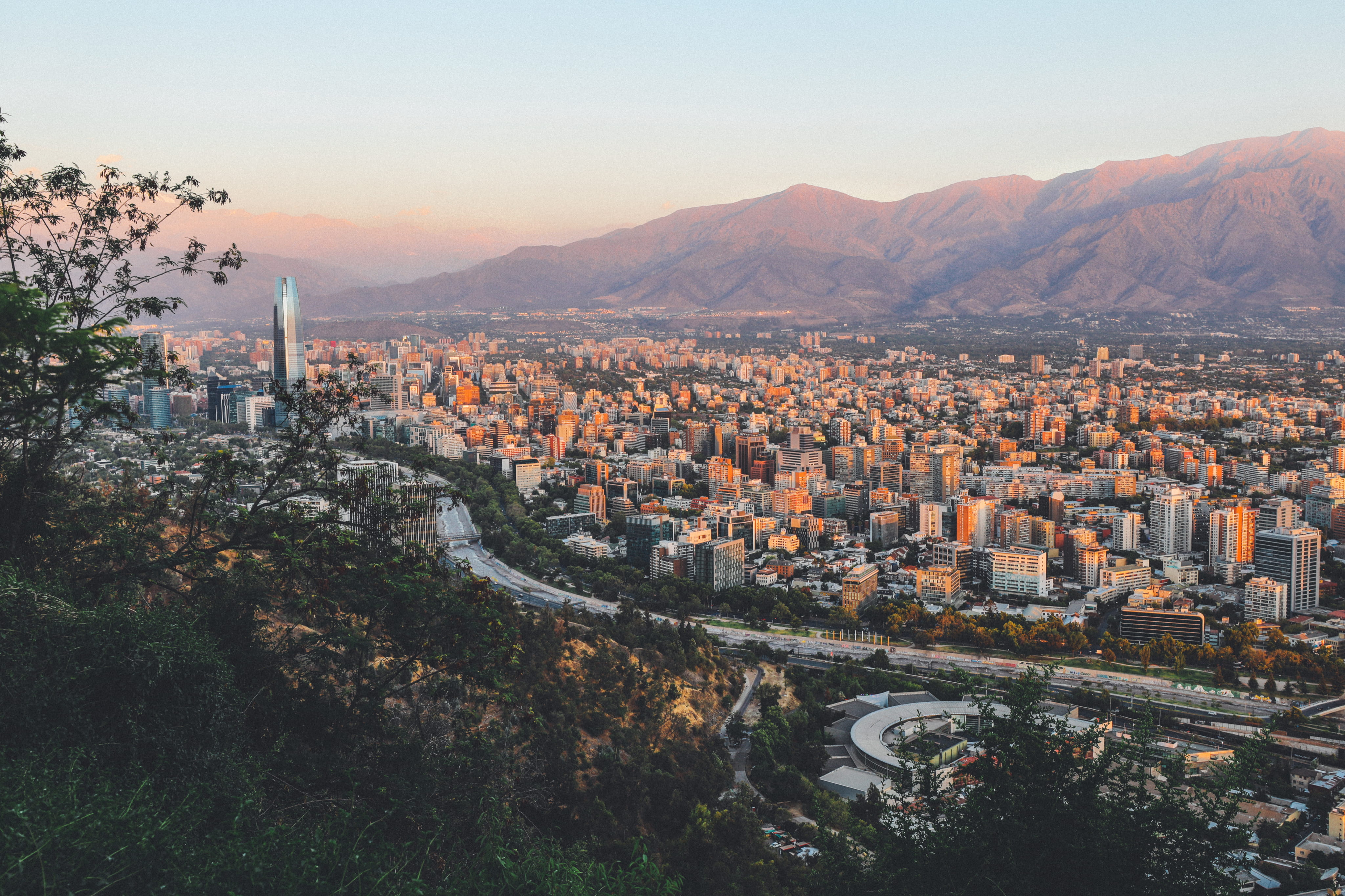 outdoors, building exterior, sky, south america, santiago, daylight, office building exterior, trees, city, wide angle photography, mountain range, residential district, HD Wallpaper