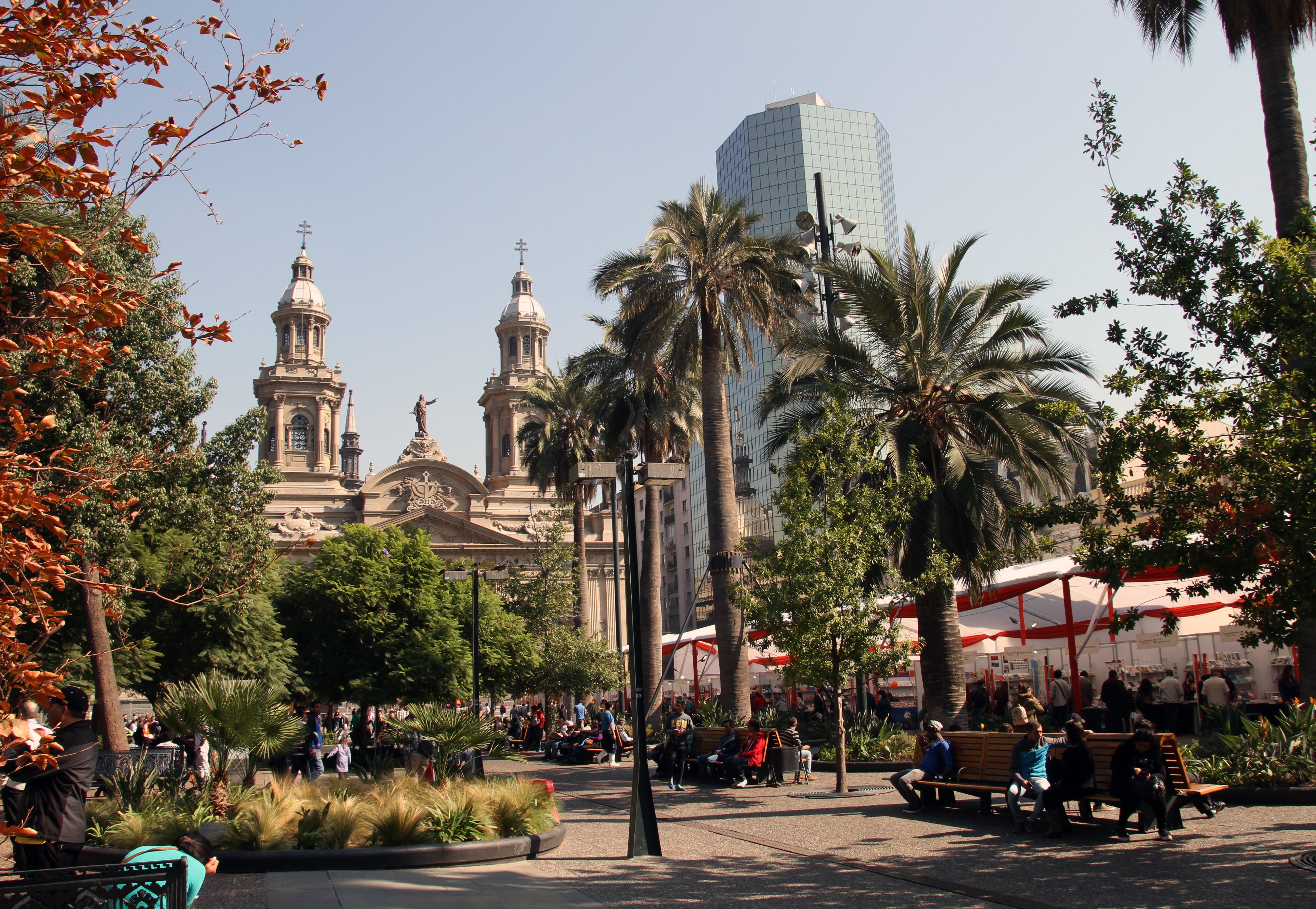 chile, daytime, santiago, outdoors, building exterior, bench, plaza, building, travel destinations, belief, people, city, tourism, downtown, built structure, HD Wallpaper