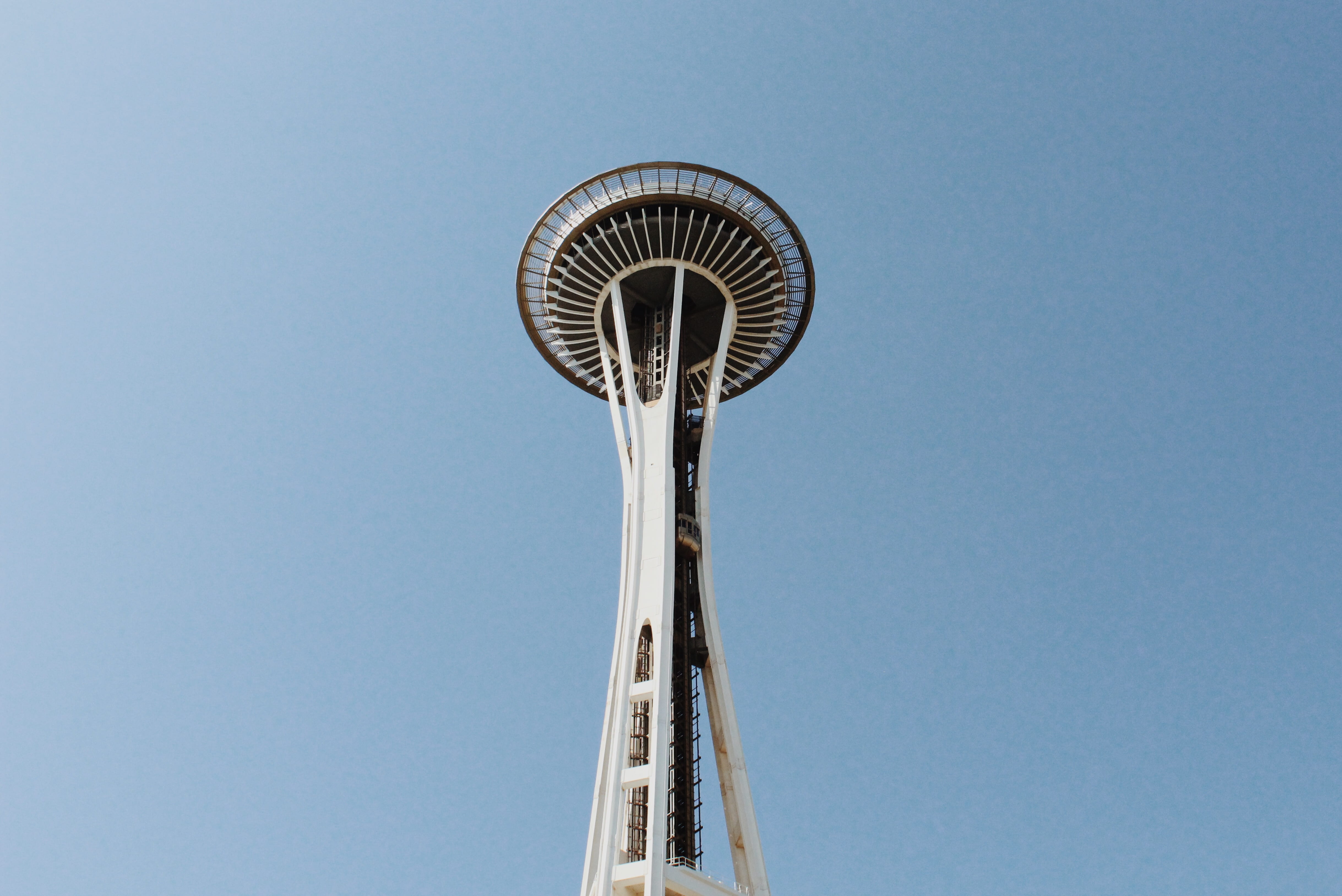 day, blue sky, 4K, no people, religion, directly below, sky scraper, clear sky, space needle, blue, washington state, tall - high, northwest, metal, building exterior, HD Wallpaper