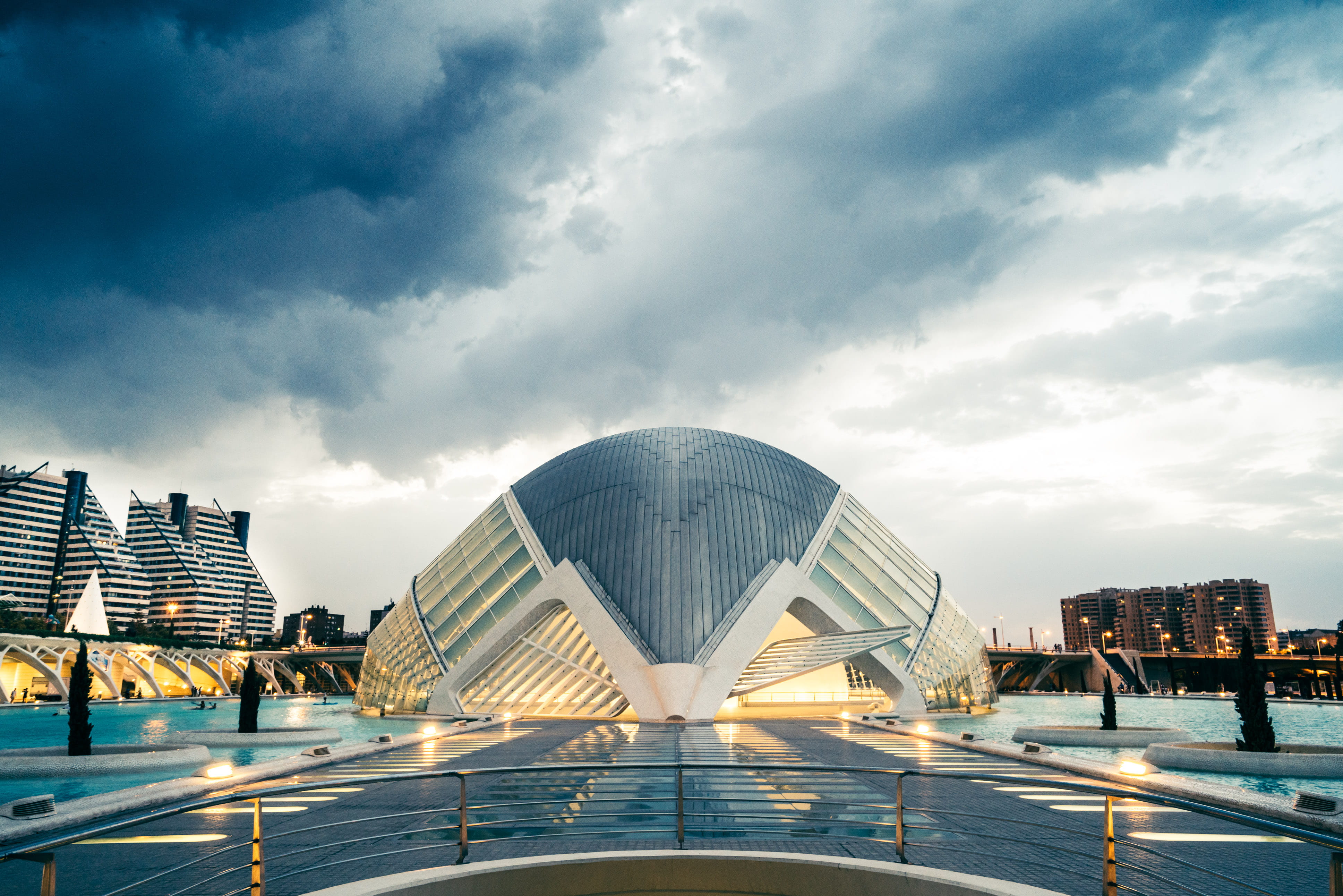 4K, hemisferic, surrounded, outdoors, skyscraper, spain, building, modern, ciudad de las artes y las sciency, cloud, art, high, nature, city, building exterior, HD Wallpaper