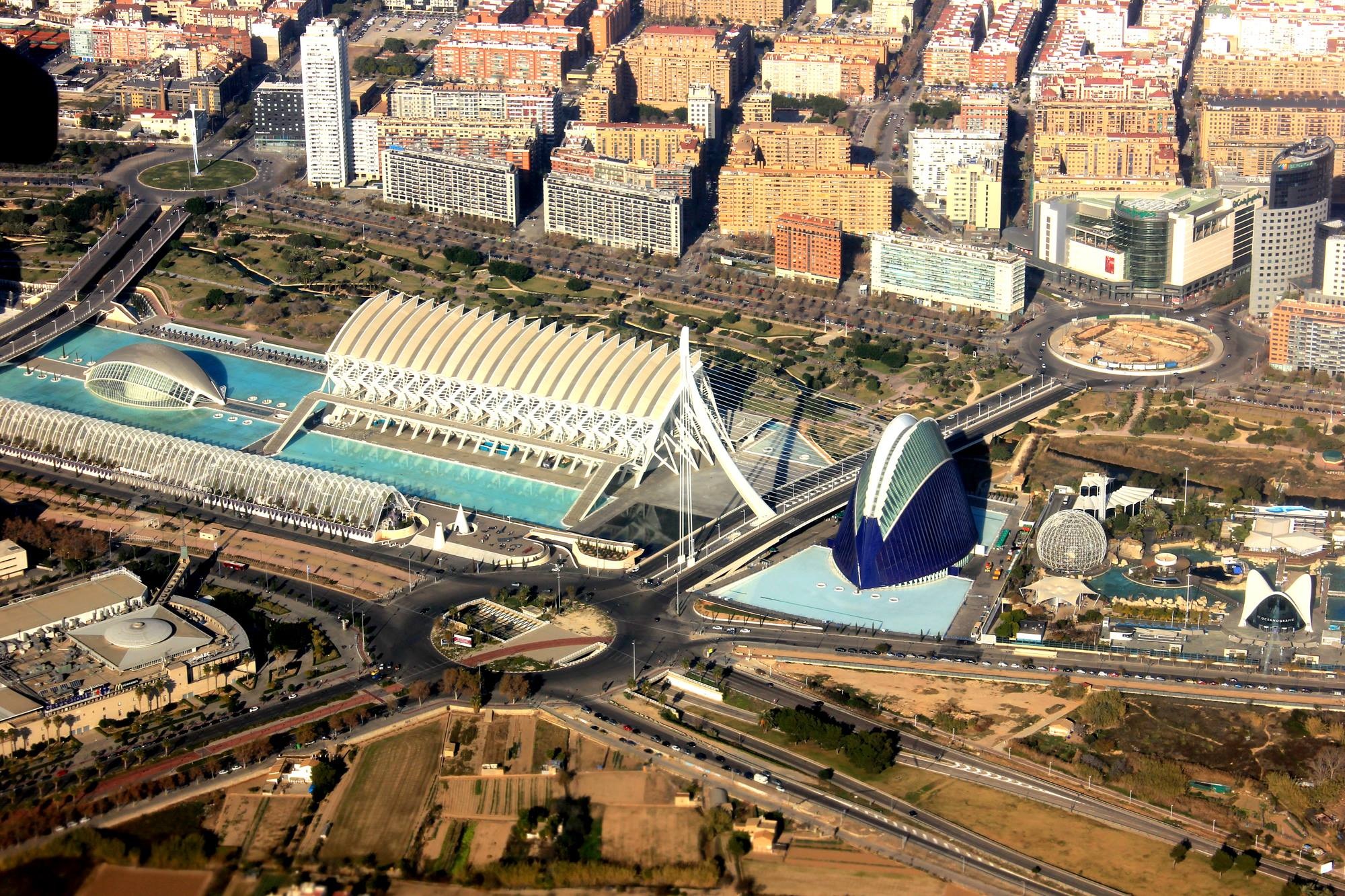 sky, architecture, valencia, travel, city of arts and sciences, modern, science, aerial, skyscraper, aircraft, day, roof, building exterior, street, calatrava, HD Wallpaper