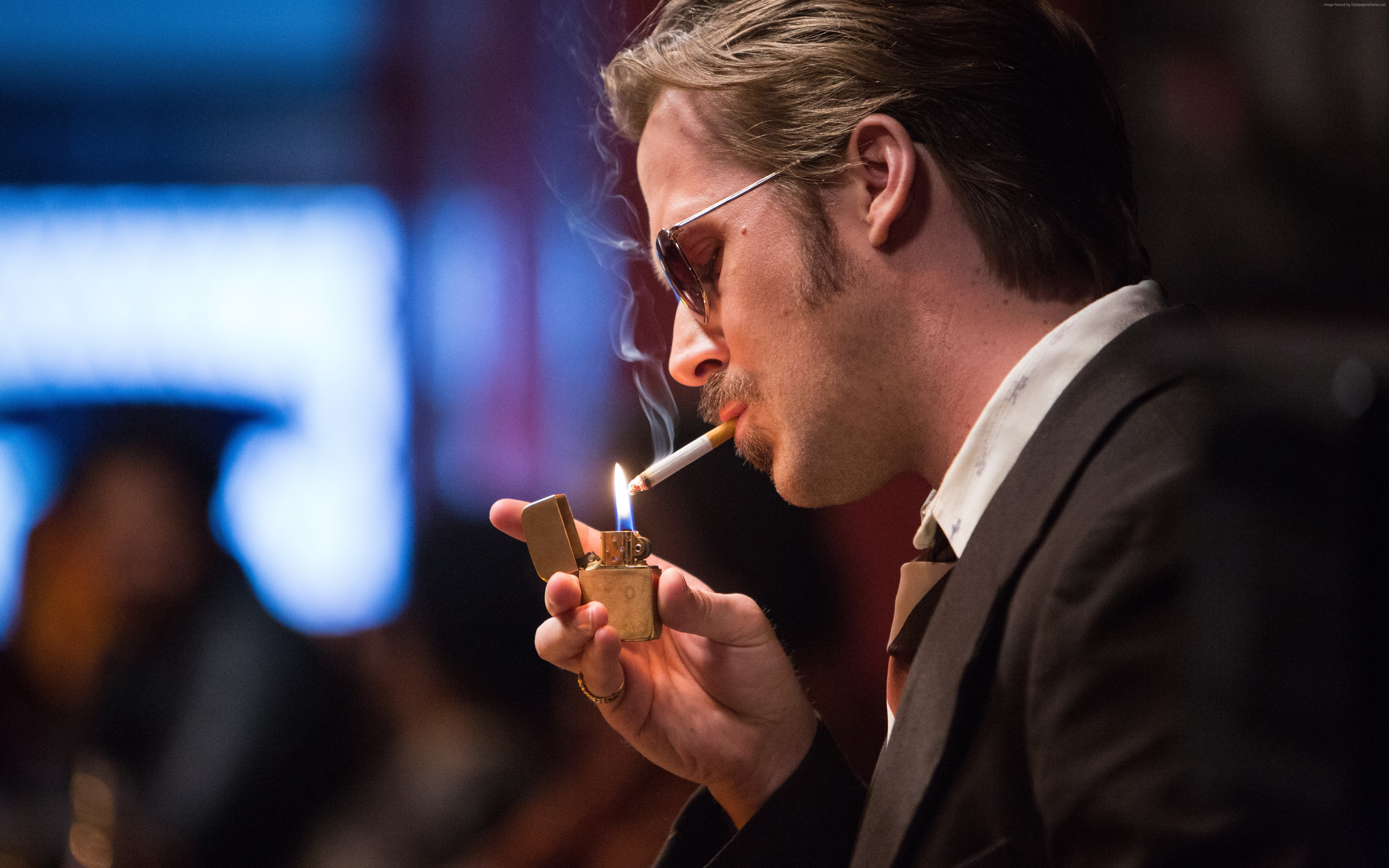 men, Ryan Gosling, smoking issues, young adult, headshot, fire, best movies of 2016, business, smoking - activity, suit, side view, indoors, profile view, HD Wallpaper