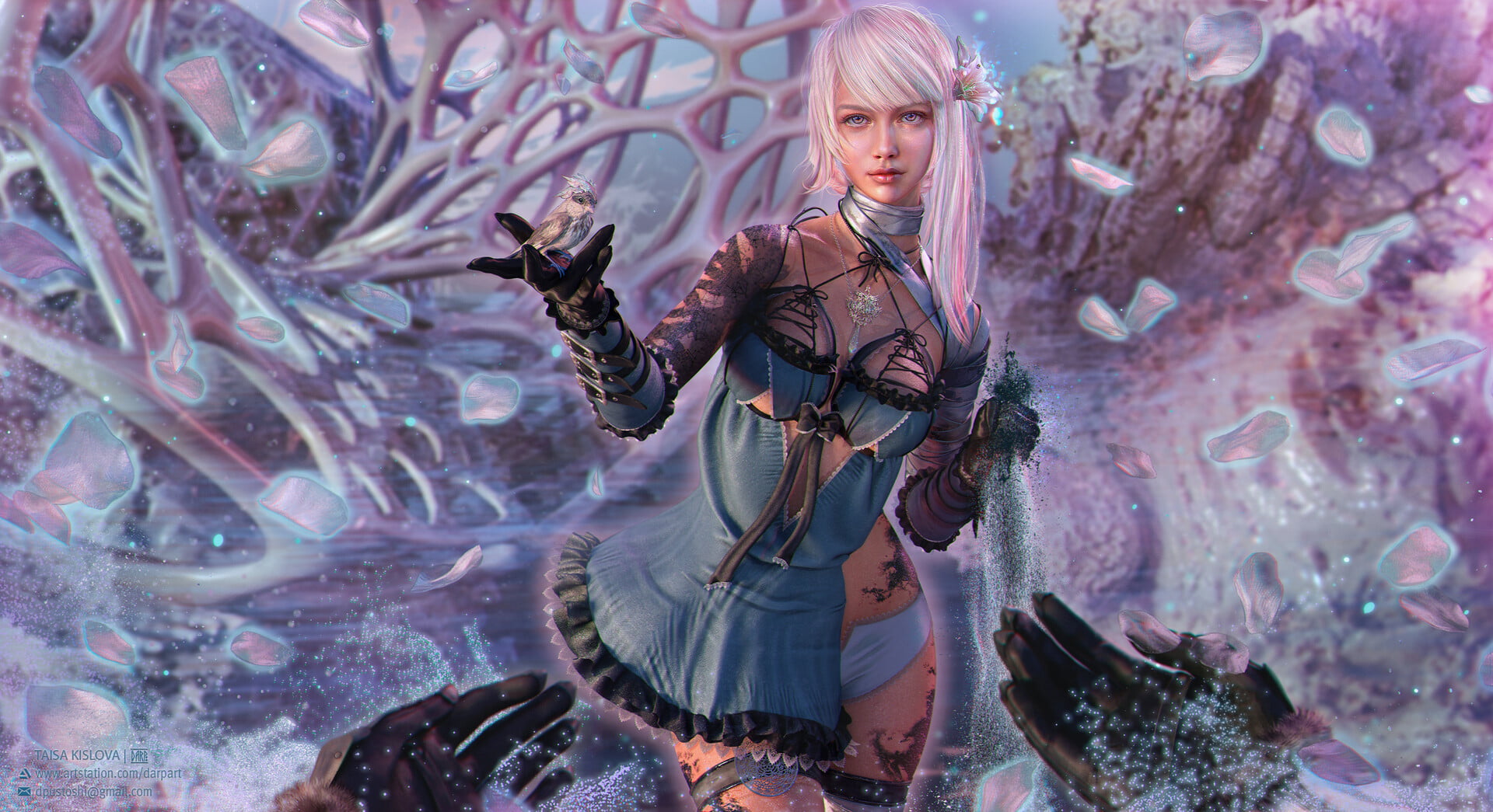 1080P, birds, NieR Replicant, white hair, digital art, Kaine (NieR), fantasy art, blue dress, Taisa Kislova, HD Wallpaper