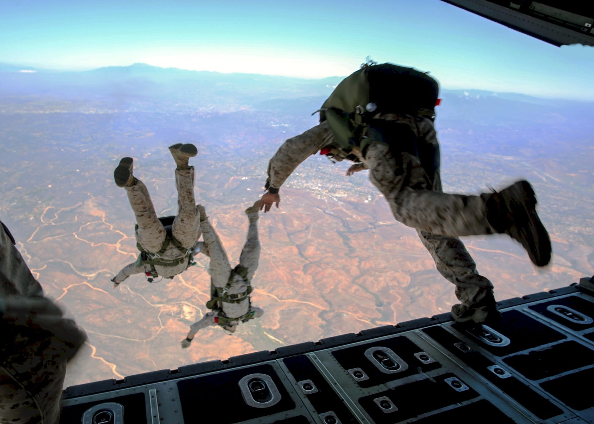jumping, government, mid-air, outdoors, air force, mode of transportation, jump, extreme sports, parachutist, sky, static line, special forces, skydiver, HD Wallpaper