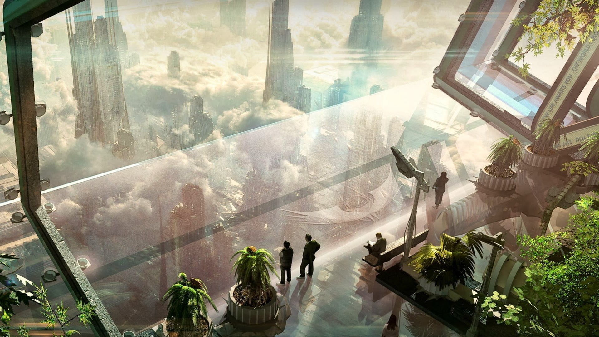 glass, group of people, three, real people, architecture, day, nature, reflection, window, indoors, standing, science fiction, 1080P, artwork, built structure, HD Wallpaper